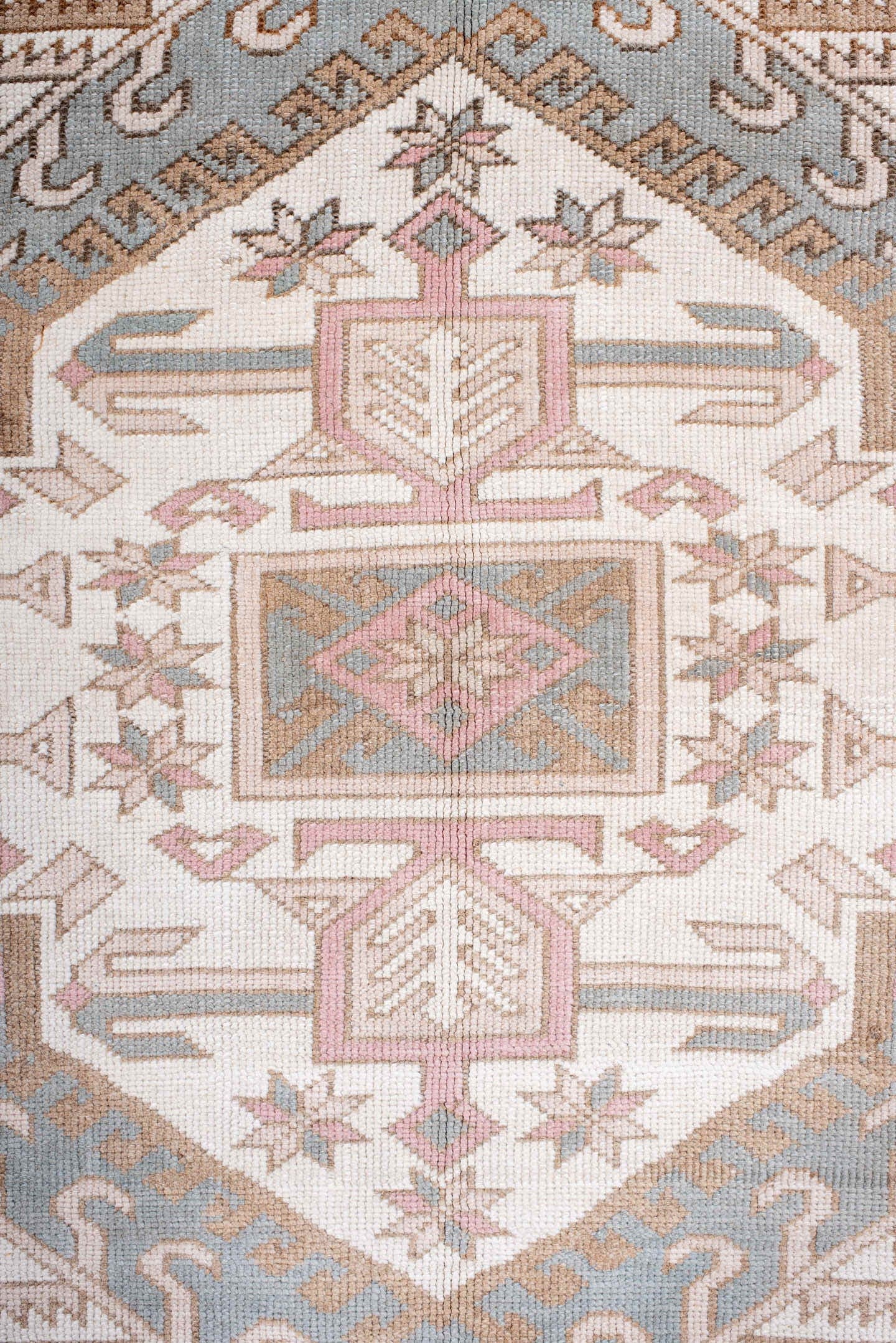 5' x 8' one-of-a-kind handmade antique Oushak medium size rug. Color palette: blush, ivory, pale blue, taupe, sand, rose