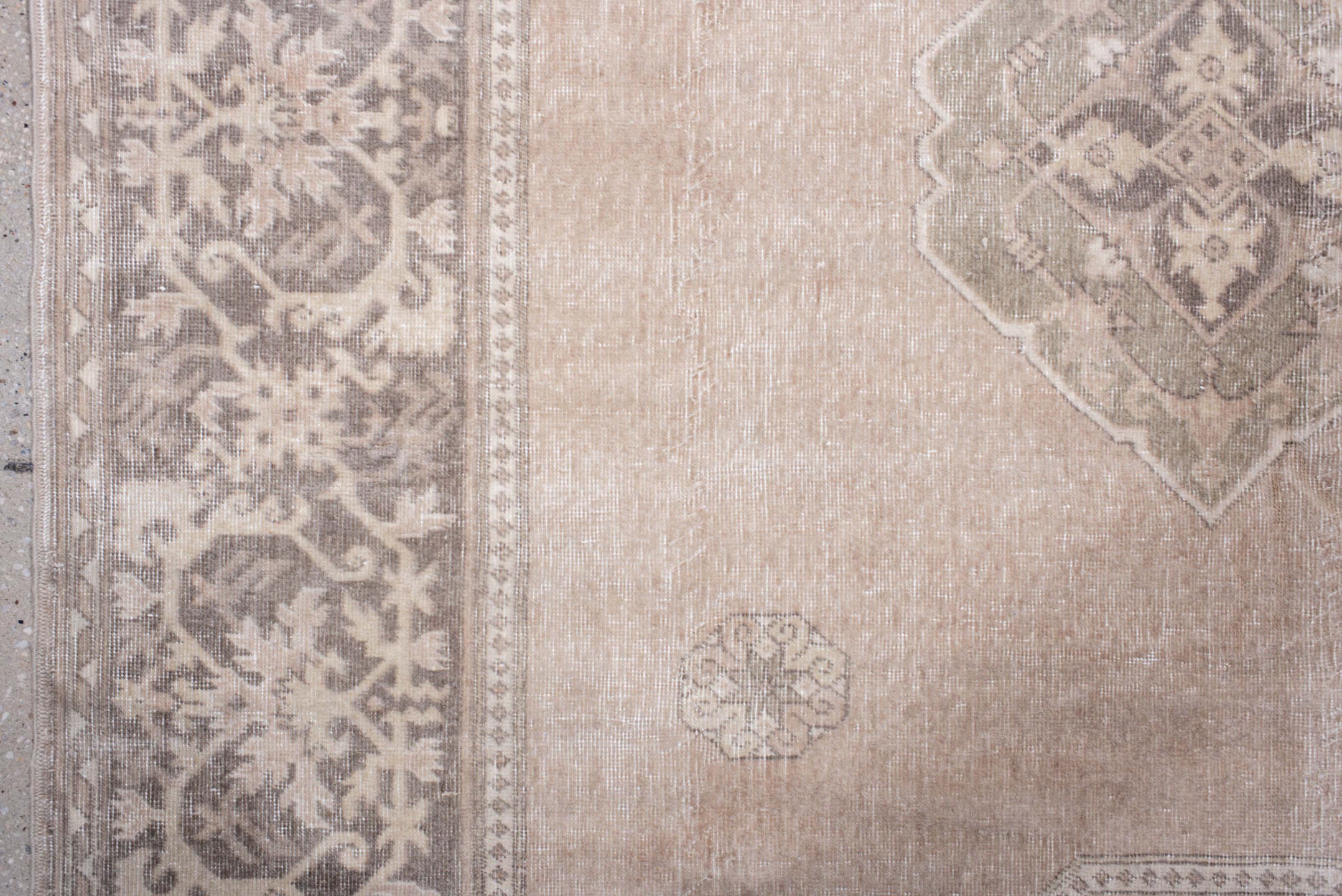 4' x 6' one-of-a-kind handmade antique Sivas small size rug. Color palette: blush, taupe, ivory, greige, sage, pink, beige