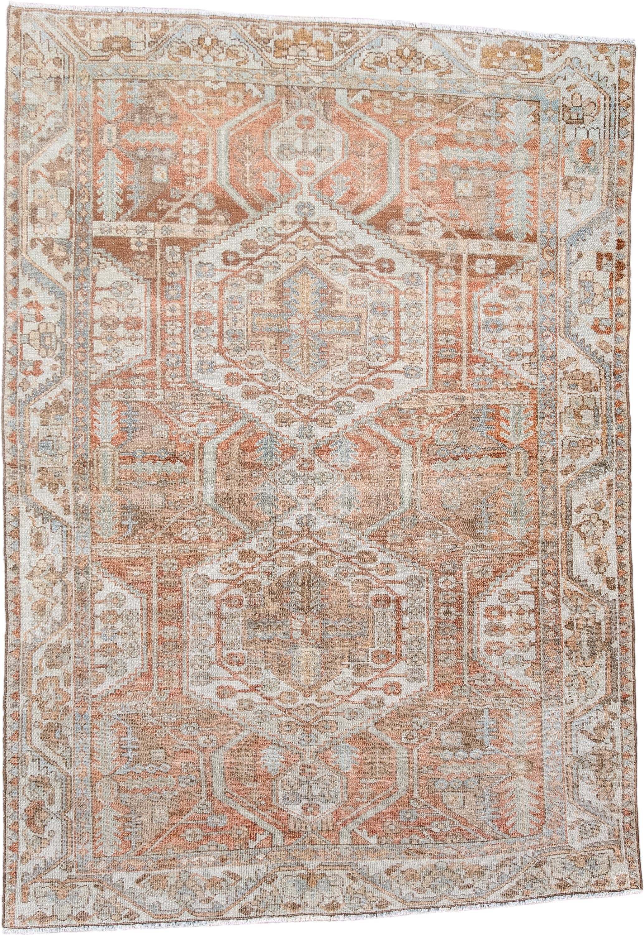 4' x 6' one-of-a-kind handmade antique Baktiary rug. Color palette: ivory, camel, rust, taupe, pale blue, terra cotta, beige