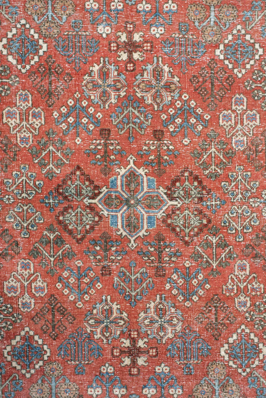 4' x 6' one-of-a-kind handmade vintage Joshegan rug. Color palette: terracotta, pale blue, ivory, slate, taupe, rust