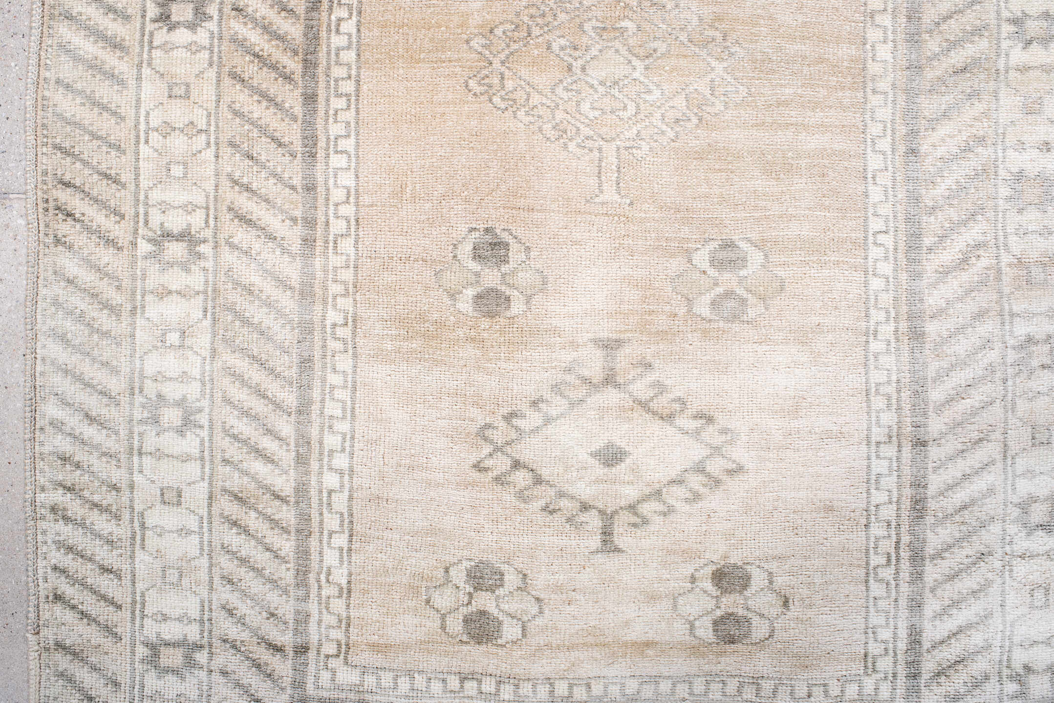 3' x 6' one-of-a-kind handmade vintage Anatol small size rug. Color palette: antiquewhite, brown, dark gray, floral white