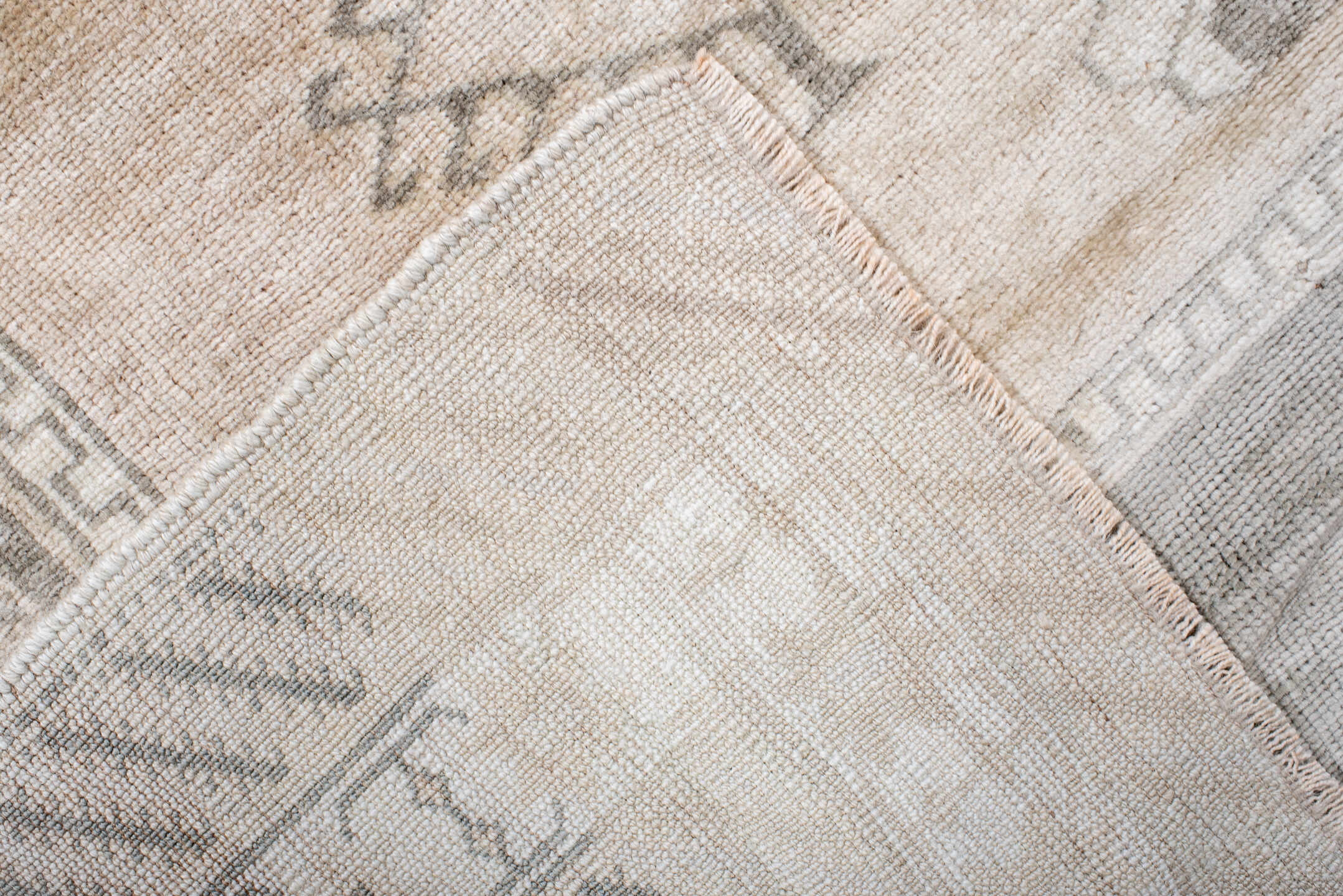 3' x 6' one-of-a-kind handmade vintage Anatol small size rug. Color palette: antiquewhite, brown, dark gray, floral white