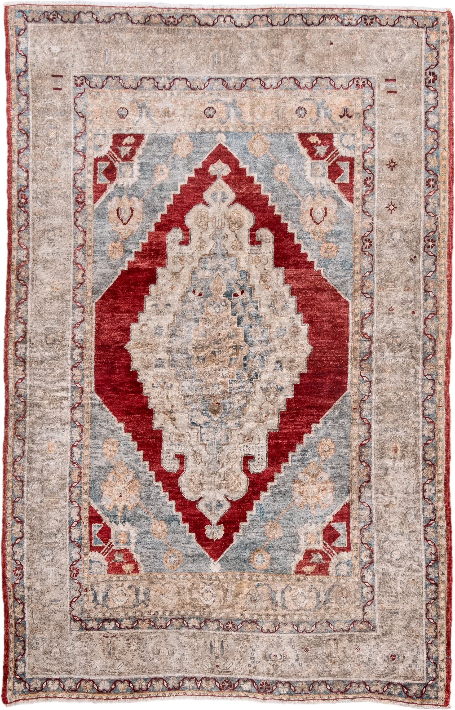 3' x 5' one-of-a-kind handmade antique Anatolian small size rug. Color palette: ivory, beige, pale blue, brick red, taupe