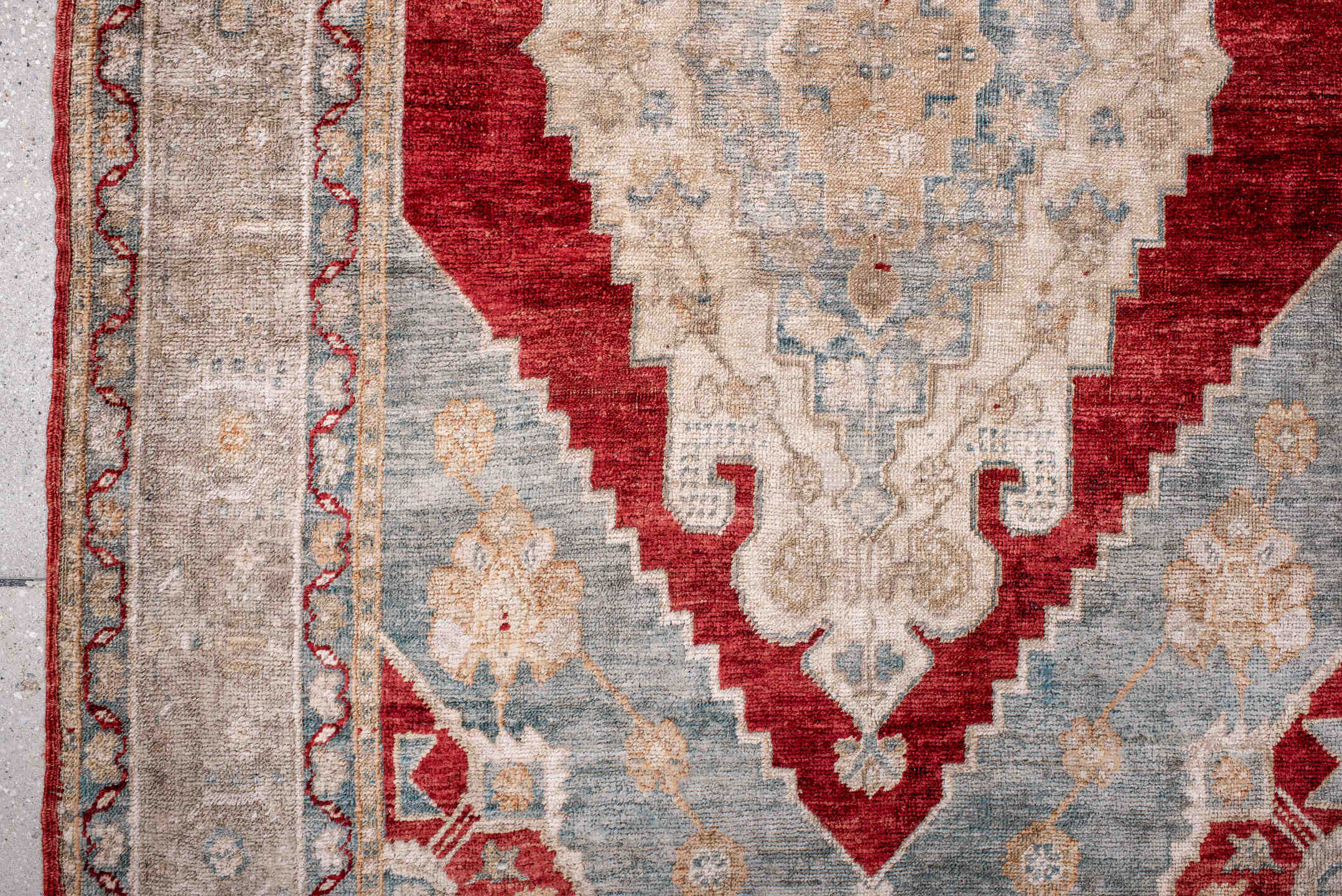 3' x 5' one-of-a-kind handmade antique Anatolian small size rug. Color palette: ivory, beige, pale blue, brick red, taupe