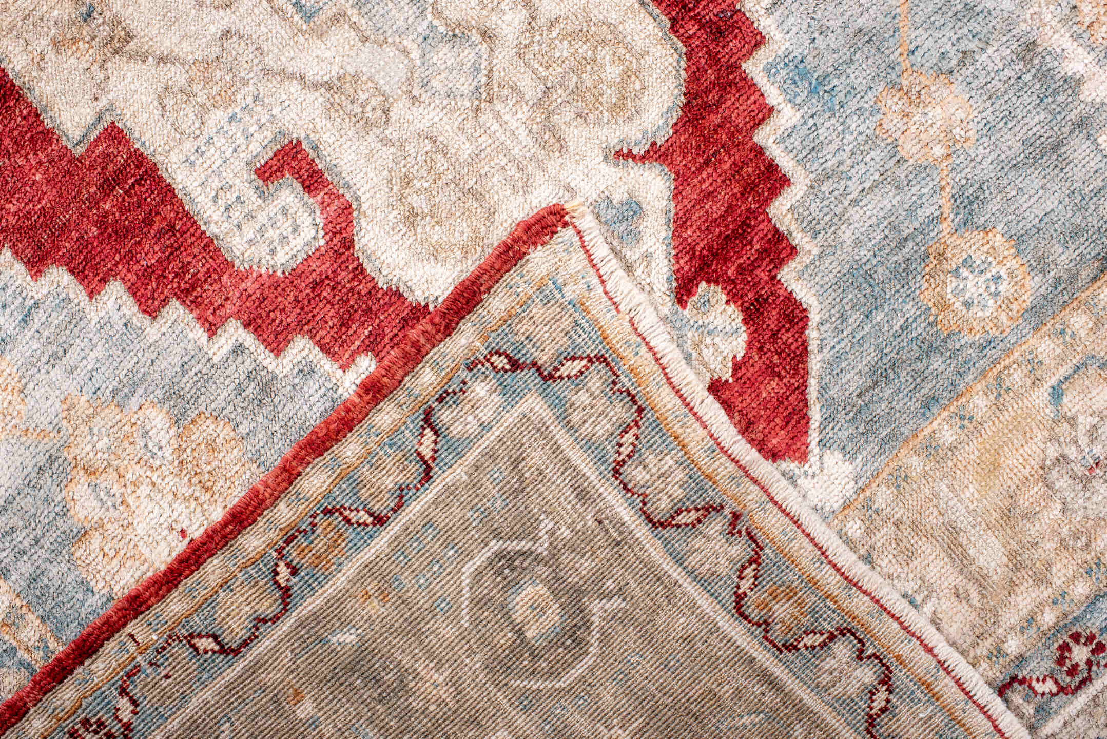3' x 5' one-of-a-kind handmade antique Anatolian small size rug. Color palette: ivory, beige, pale blue, brick red, taupe