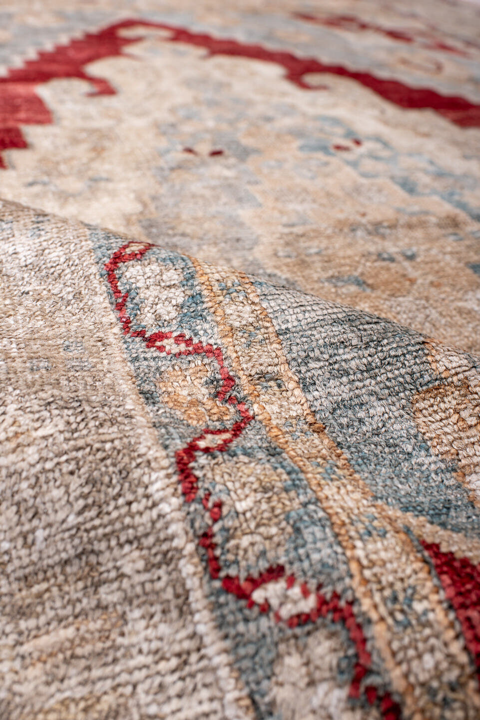 3' x 5' one-of-a-kind handmade antique Anatolian small size rug. Color palette: ivory, beige, pale blue, brick red, taupe