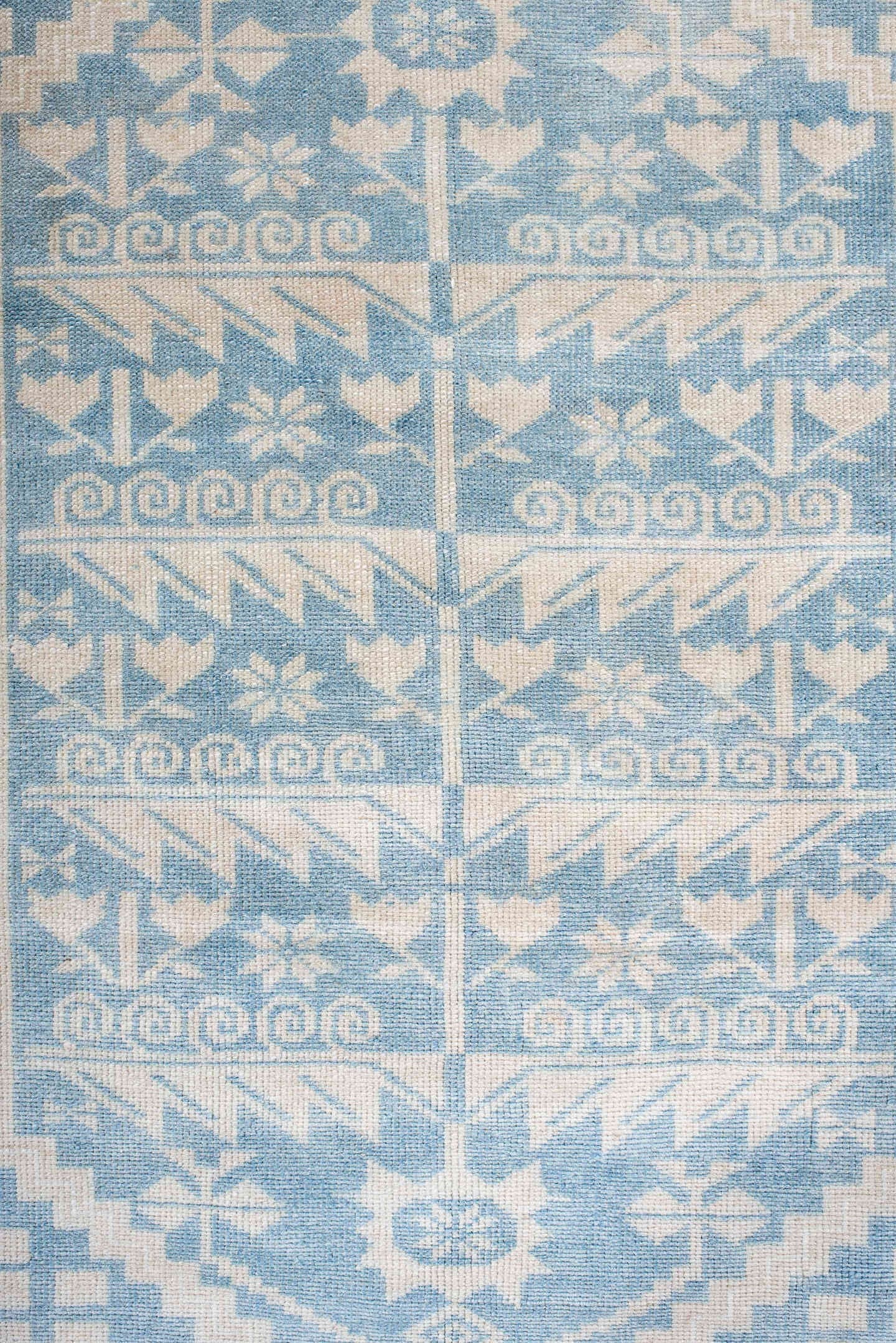 3' x 6' one-of-a-kind handmade antique Anatolian small size rug. Color palette: ivory, pale blue, sky blue, cream