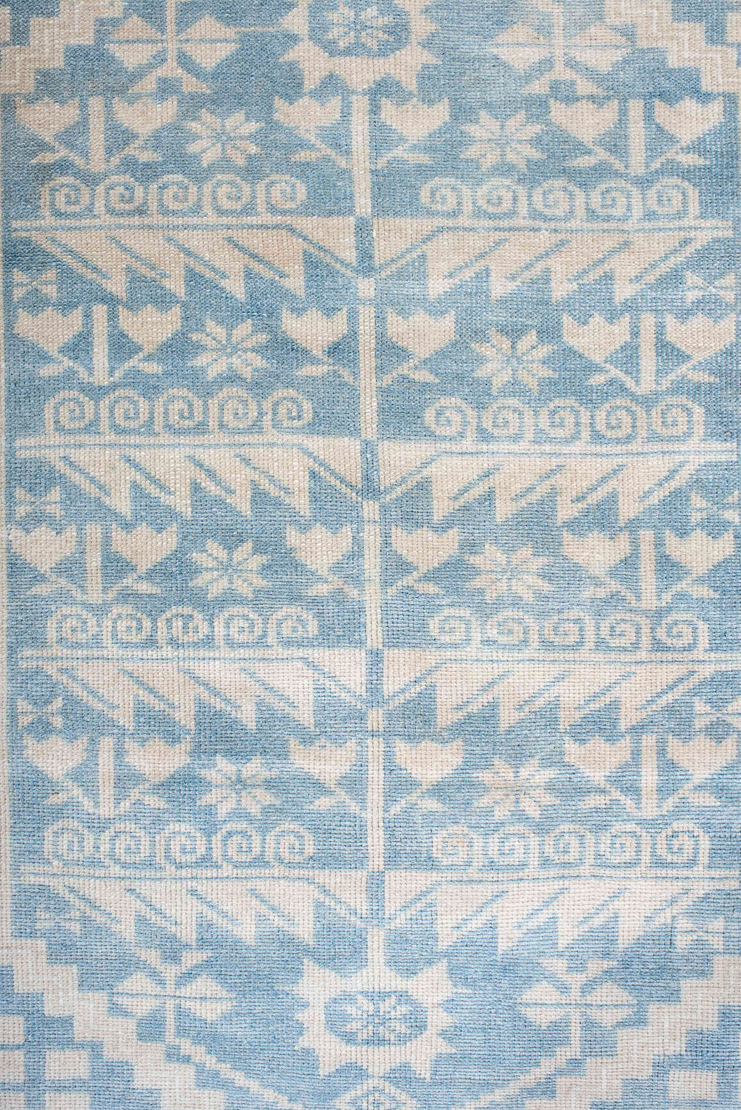 3' x 6' one-of-a-kind handmade antique Anatolian small size rug. Color palette: ivory, pale blue, sky blue, cream