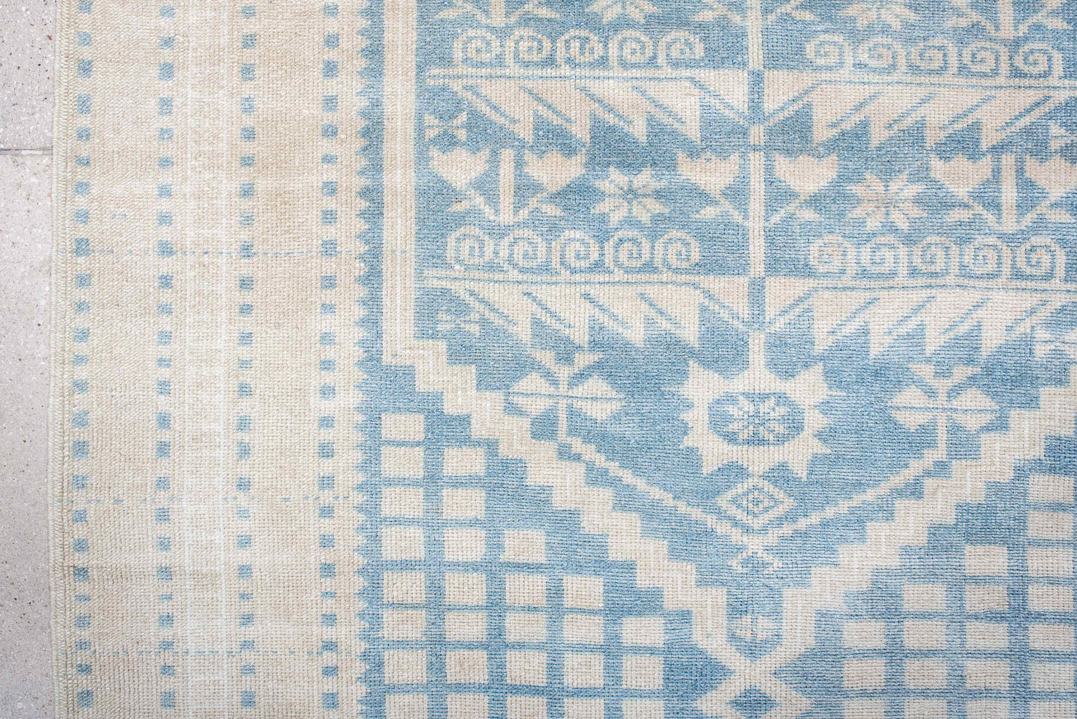 3' x 6' one-of-a-kind handmade antique Anatolian small size rug. Color palette: ivory, pale blue, sky blue, cream