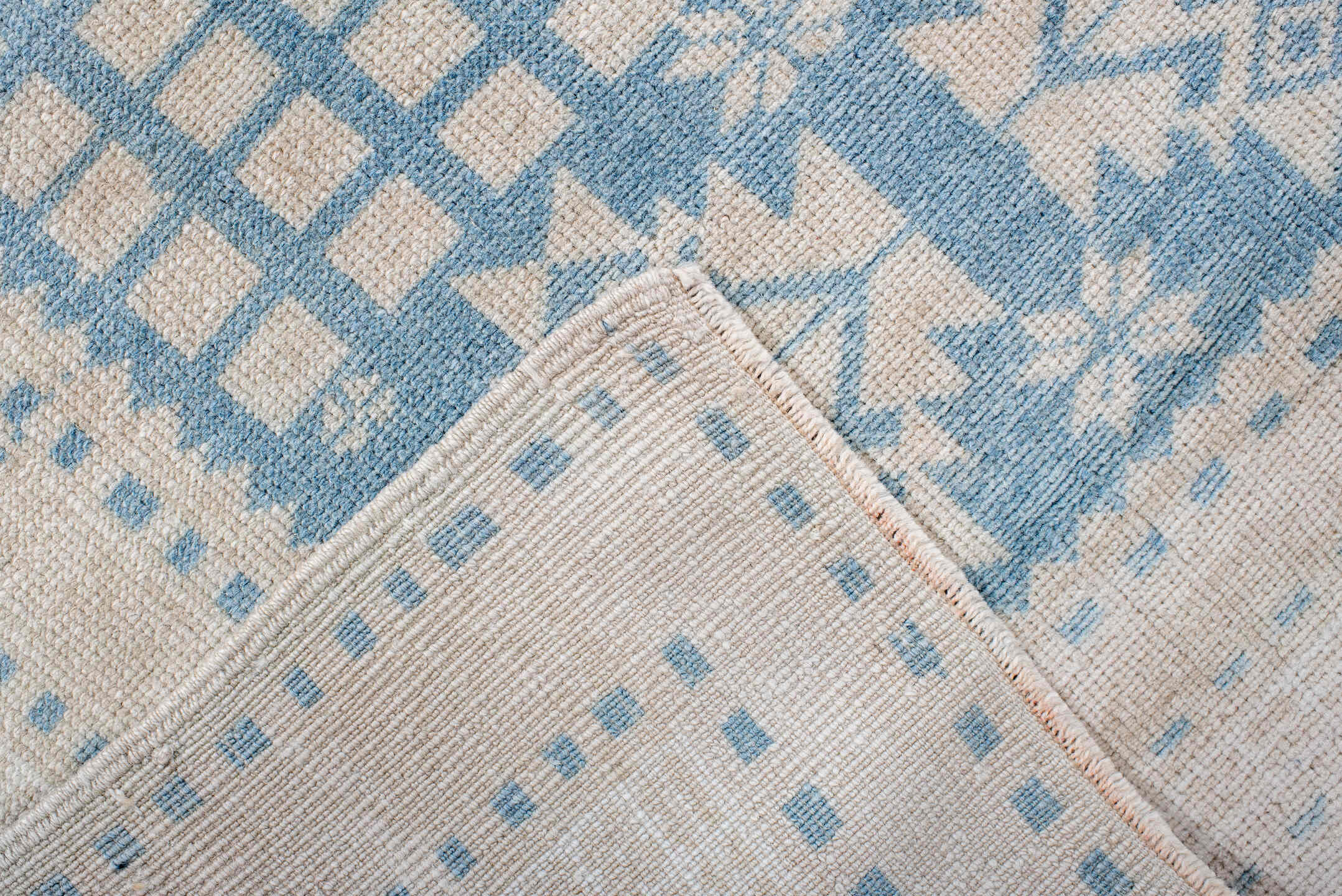 3' x 6' one-of-a-kind handmade antique Anatolian small size rug. Color palette: ivory, pale blue, sky blue, cream