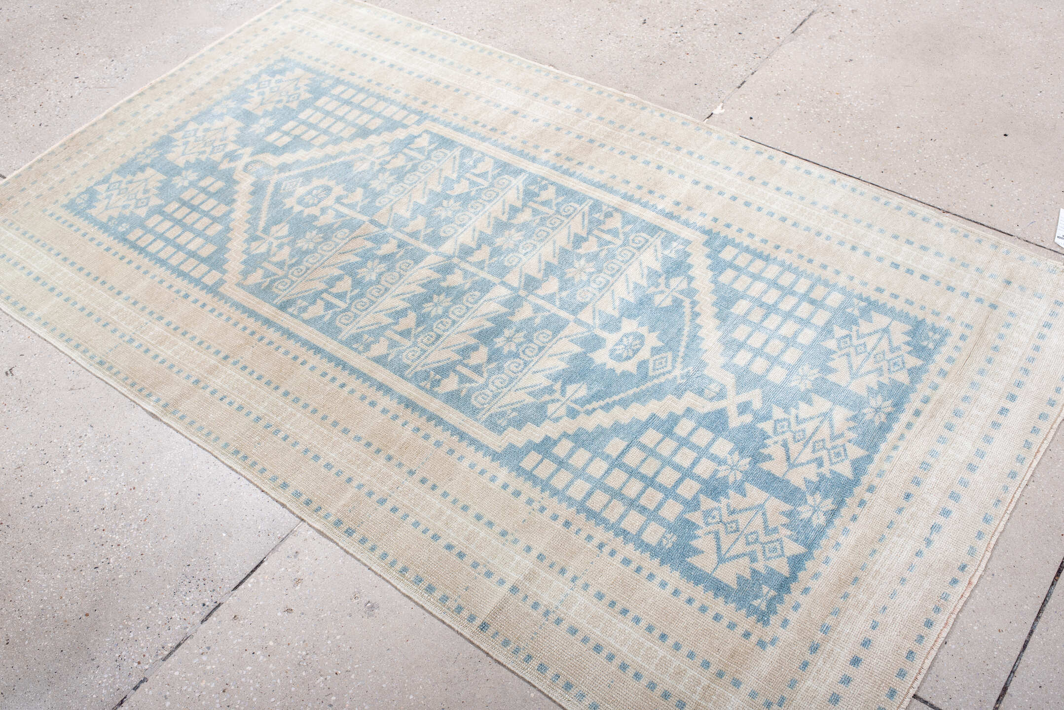 3' x 6' one-of-a-kind handmade vintage Anatol small size rug. Color palette: blue, dark gray, gainsboro, gray, light blue