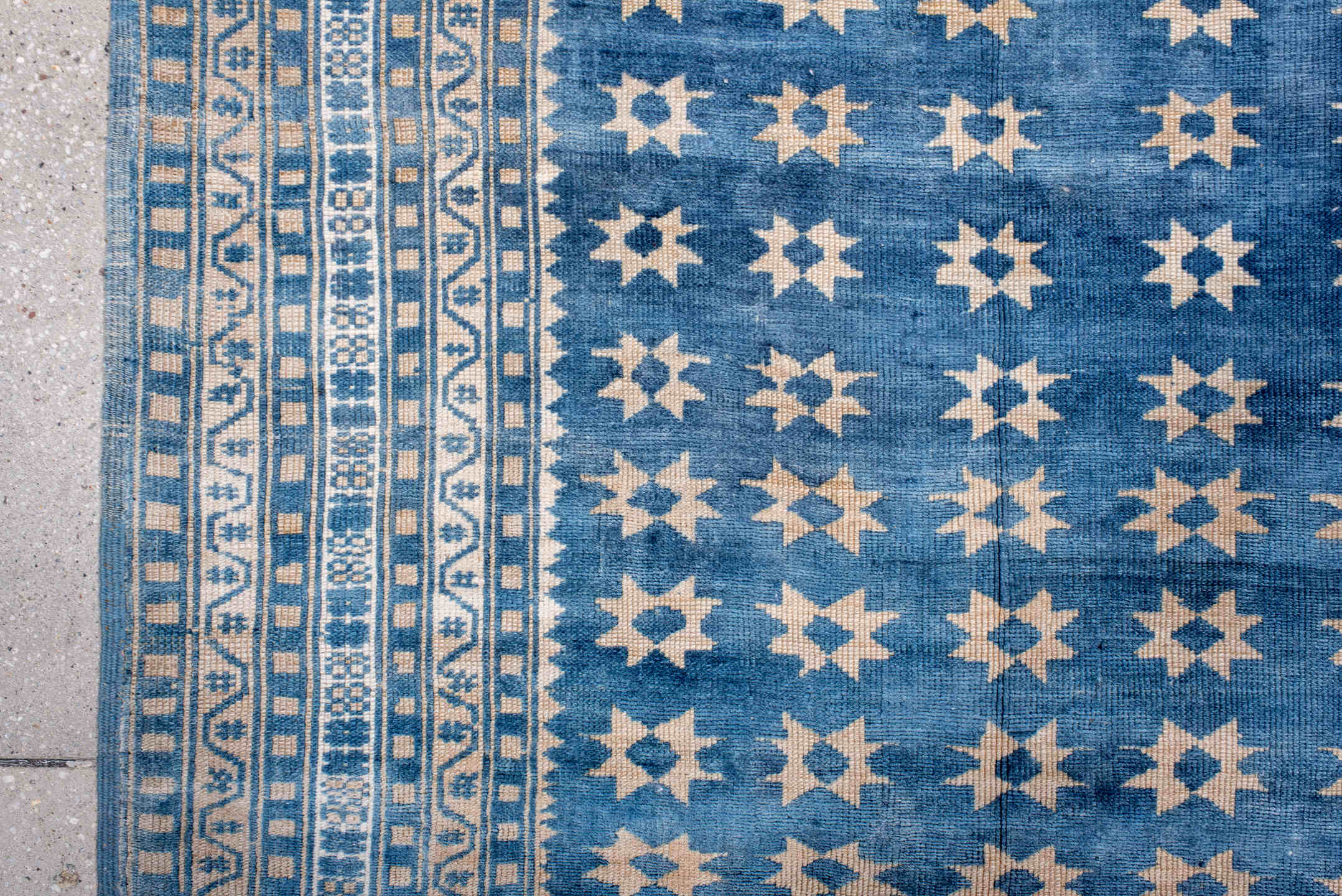 3' x 4' one-of-a-kind handmade vintage Anatol small size rug. Color palette: antiquewhite, blue, brown, dark gray, dim gray