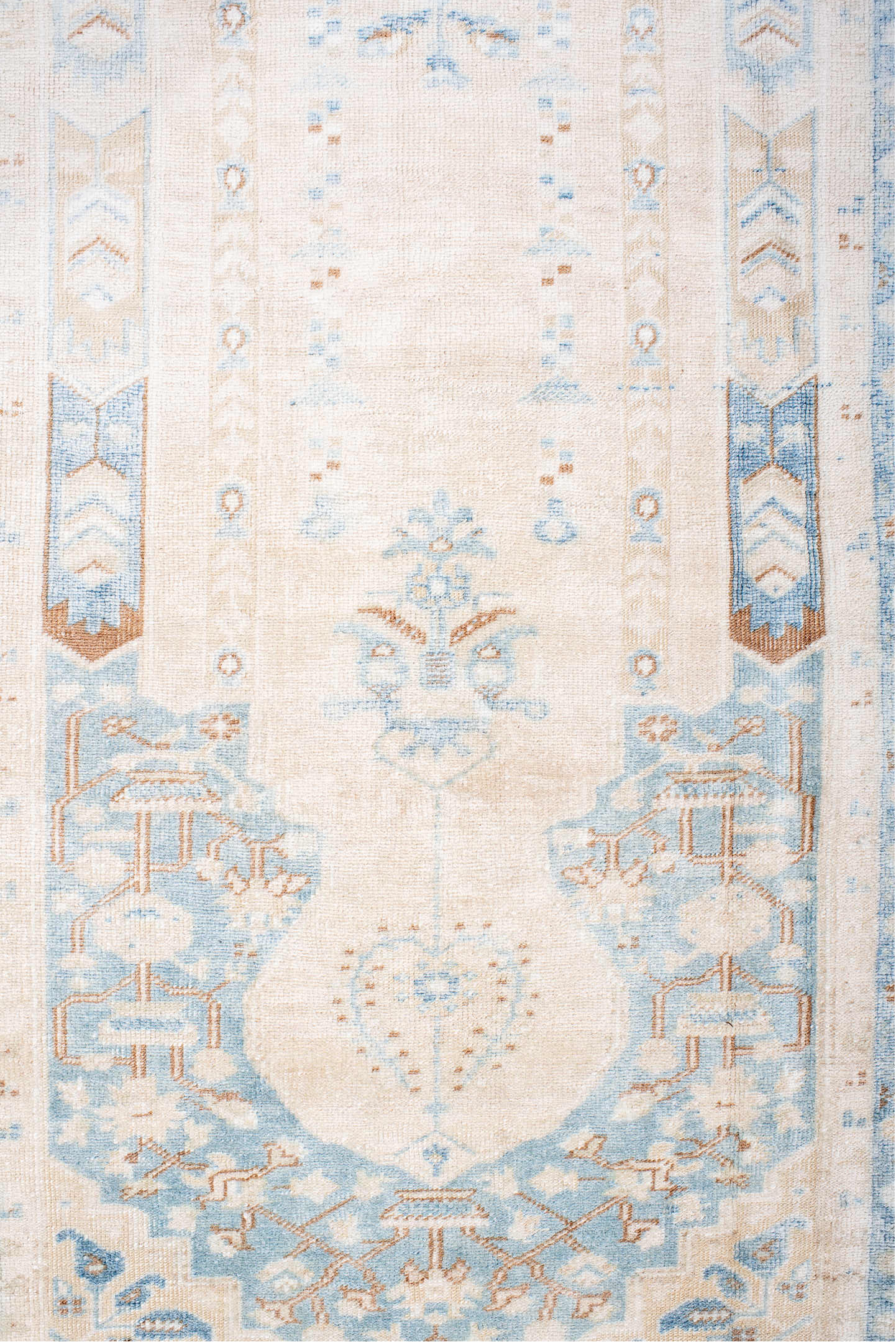3' x 5' one-of-a-kind handmade vintage Anatolian small size rug. Color palette: ivory, sky blue, camel, beige, tan
