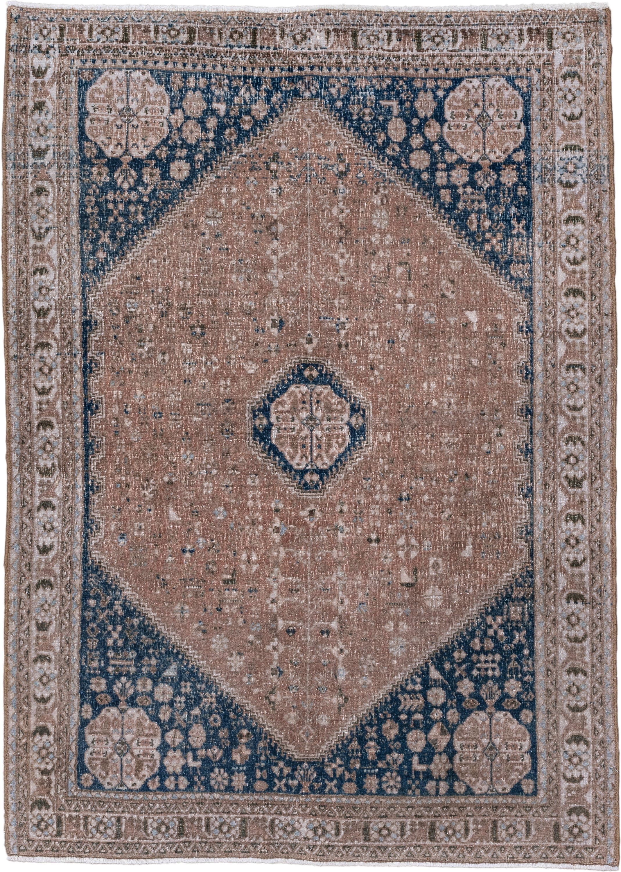 3' x 4' one-of-a-kind handmade vintage Joshegan small size rug. Color palette: blush, navy, taupe, ivory, camel, slate, pink
