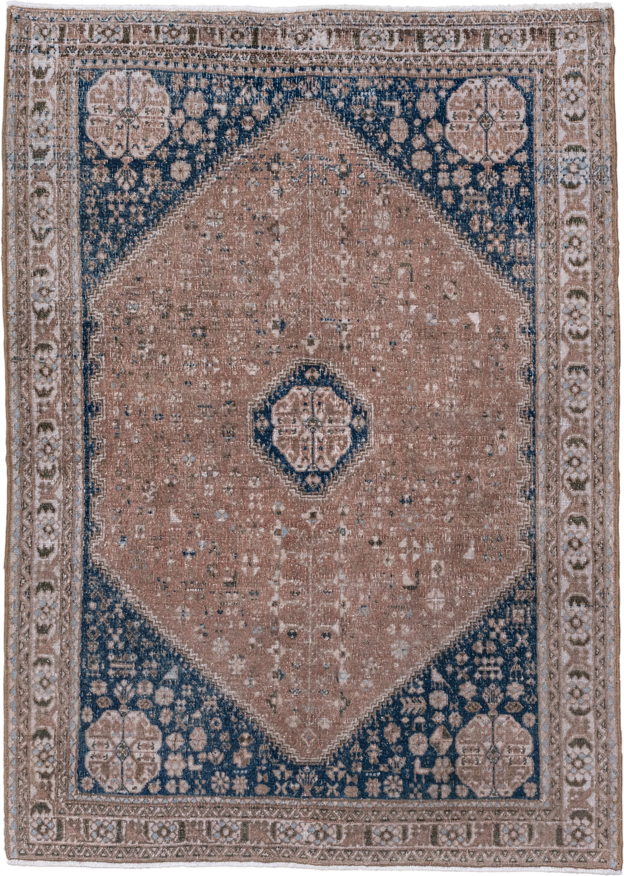 3' x 4' one-of-a-kind handmade vintage Joshegan small size rug. Color palette: blush, navy, taupe, ivory, camel, slate, pink