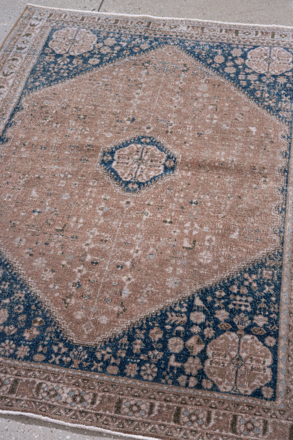 3' x 4' one-of-a-kind handmade vintage Joshegan small size rug. Color palette: blush, navy, taupe, ivory, camel, slate, pink