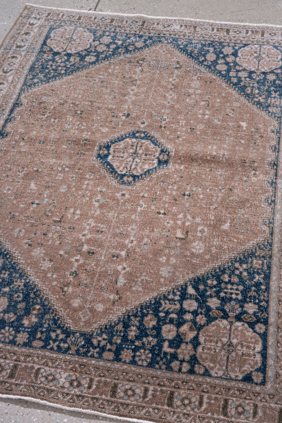 3' x 4' one-of-a-kind handmade vintage Joshegan small size rug. Color palette: blush, navy, taupe, ivory, camel, slate, pink