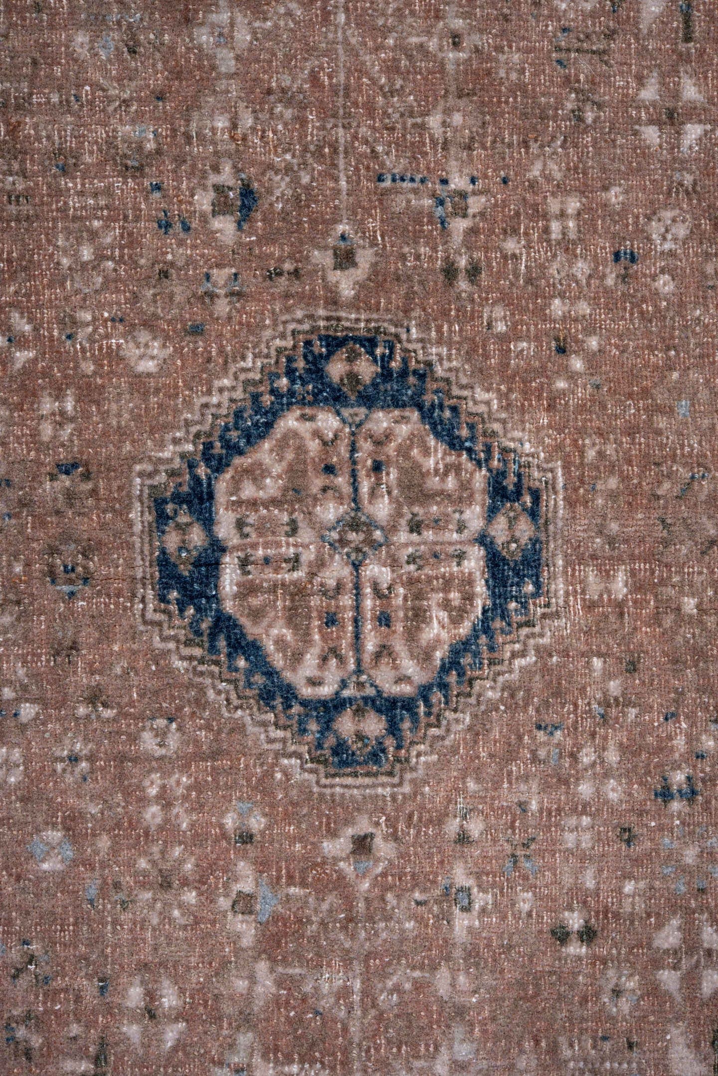 3' x 4' one-of-a-kind handmade vintage Joshegan small size rug. Color palette: blush, navy, taupe, ivory, camel, slate, pink