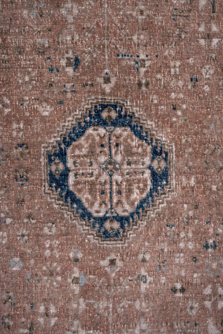 3' x 4' one-of-a-kind handmade vintage Joshegan small size rug. Color palette: blush, navy, taupe, ivory, camel, slate, pink