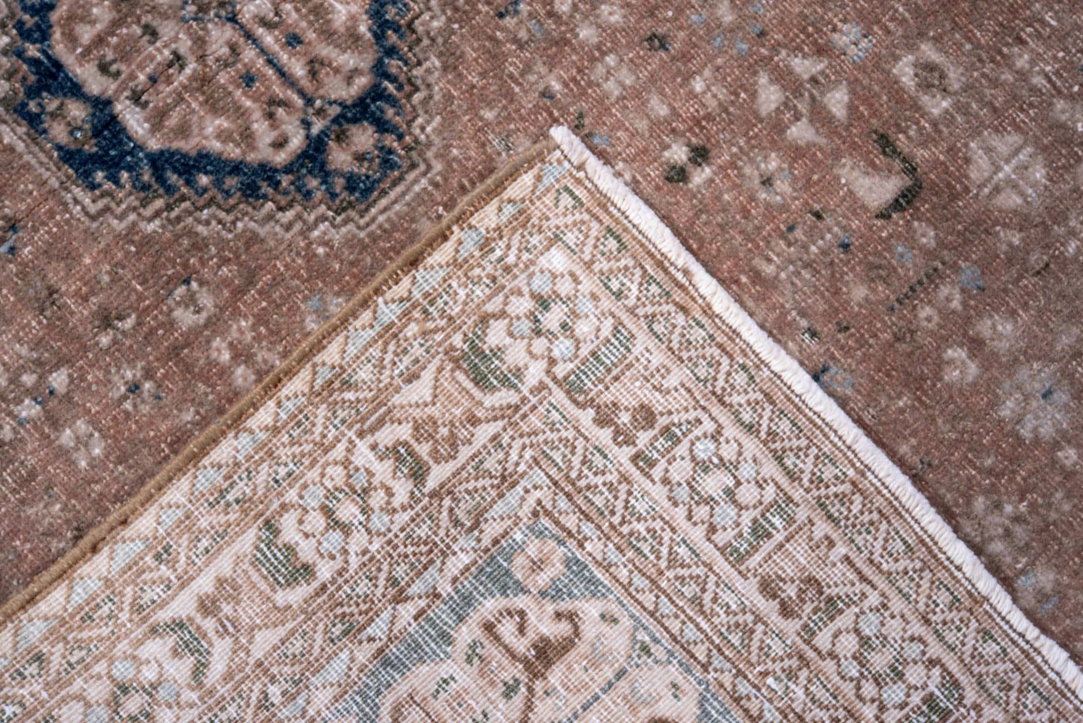3' x 4' one-of-a-kind handmade vintage Joshegan small size rug. Color palette: blush, navy, taupe, ivory, camel, slate, pink