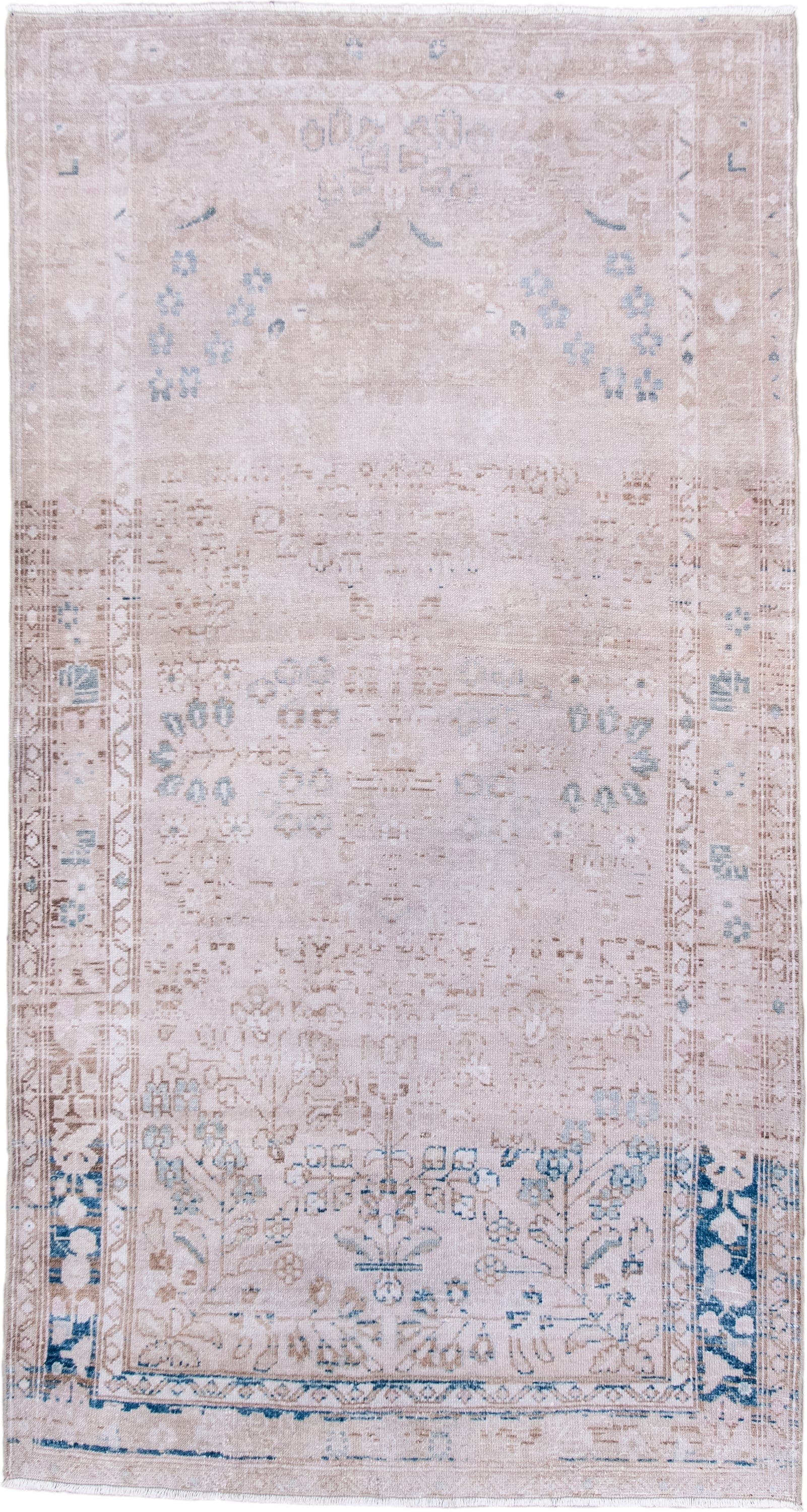 3' x 6' one-of-a-kind handmade antique Hamadan rug. Color palette: blush, ivory, pale blue, taupe, beige, pink, light blue