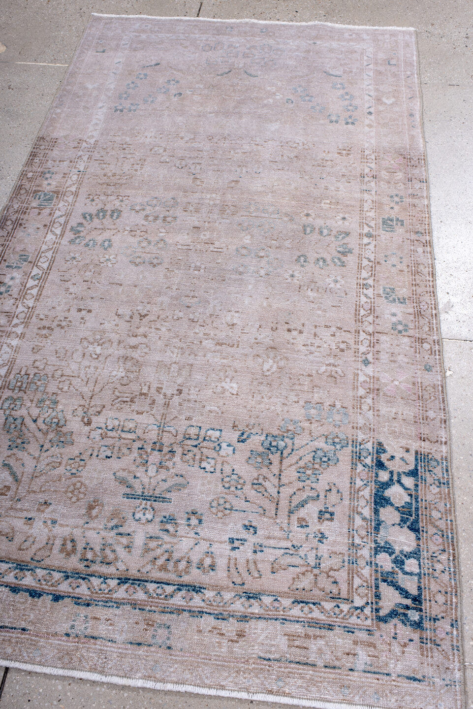 3' x 6' one-of-a-kind handmade antique Hamadan rug. Color palette: blush, ivory, pale blue, taupe, beige, pink, light blue