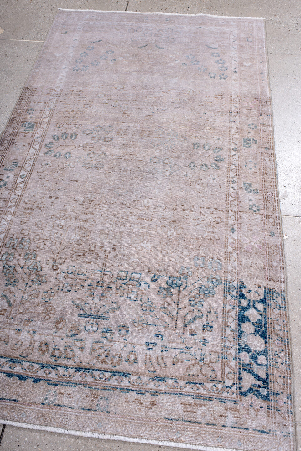 3' x 6' one-of-a-kind handmade antique Hamadan rug. Color palette: blush, ivory, pale blue, taupe, beige, pink, light blue