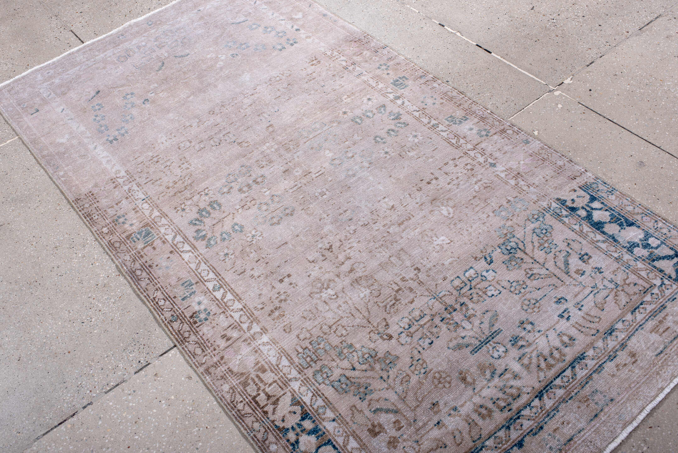 3' x 6' one-of-a-kind handmade antique Hamadan rug. Color palette: blush, ivory, pale blue, taupe, beige, pink, light blue