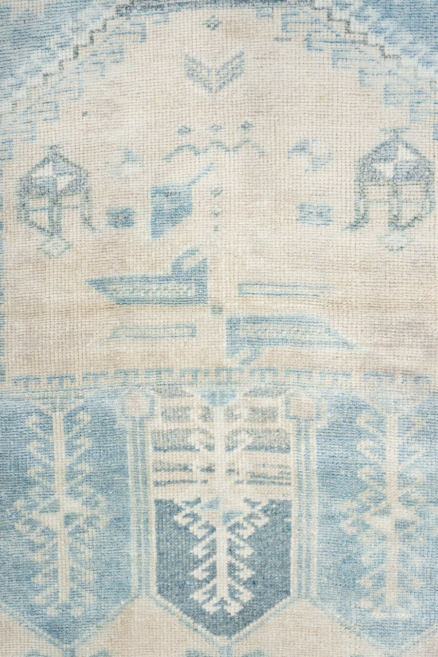 4' x 5' one-of-a-kind handmade antique Anatolian small size rug. Color palette: ivory, sky blue, pale blue, slate, cream