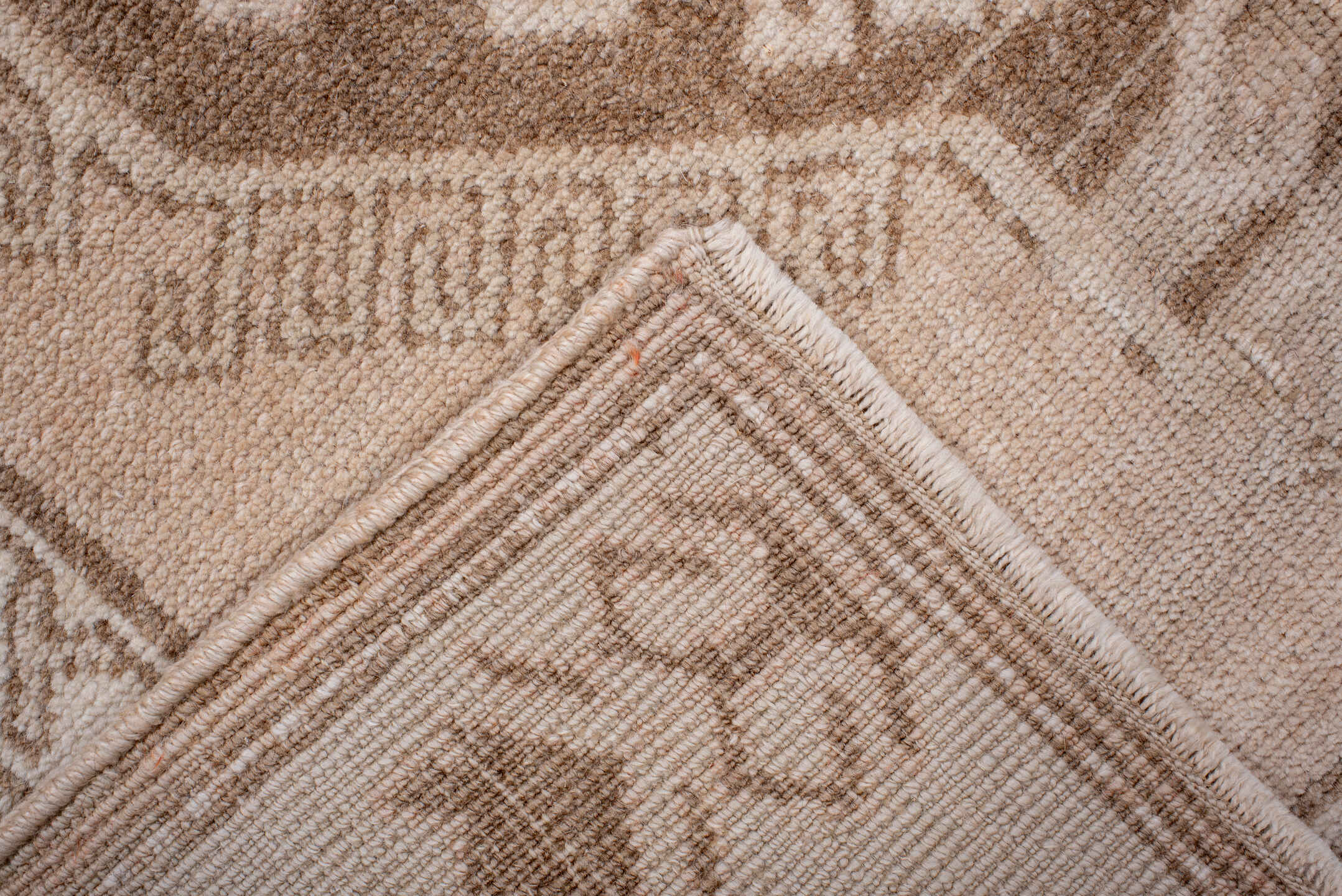 3' x 6' one-of-a-kind handmade vintage Anatol runner rug. Color palette: brown, gray, light gray, off-white, orange, pink