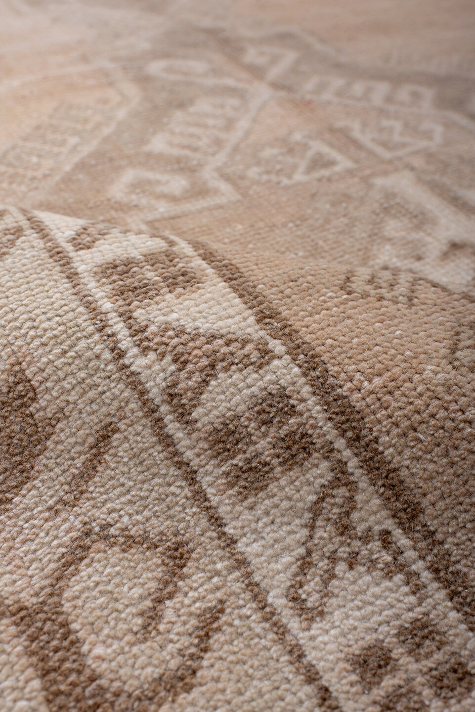 3' x 6' one-of-a-kind handmade vintage Anatol runner rug. Color palette: brown, gray, light gray, off-white, orange, pink