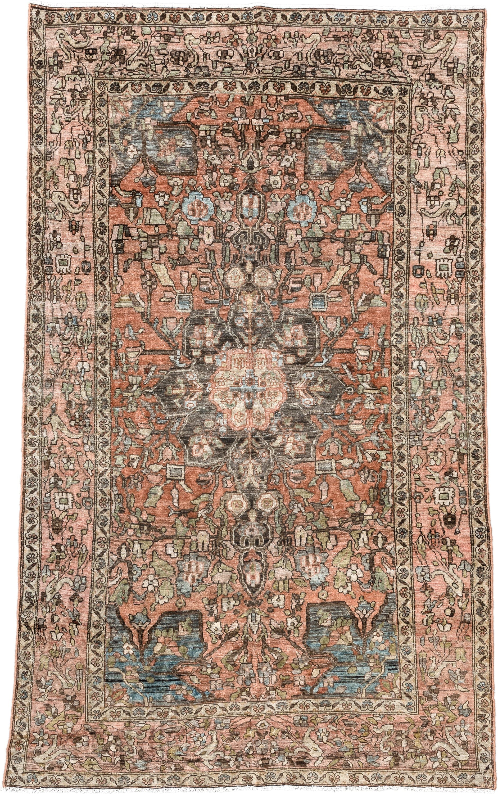 4' x 6' one-of-a-kind handmade vintage Baktiary small size rug. Color palette: terra cotta, blush, ivory, charcoal