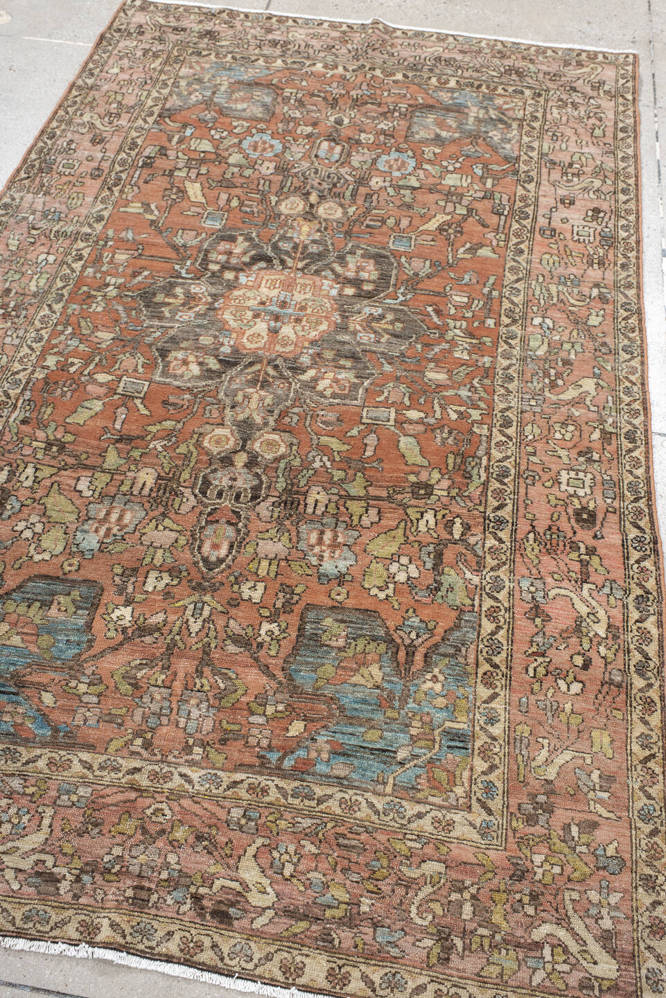 4' x 6' one-of-a-kind handmade vintage Baktiary small size rug. Color palette: gray, pink, brown, black, off-white, orange