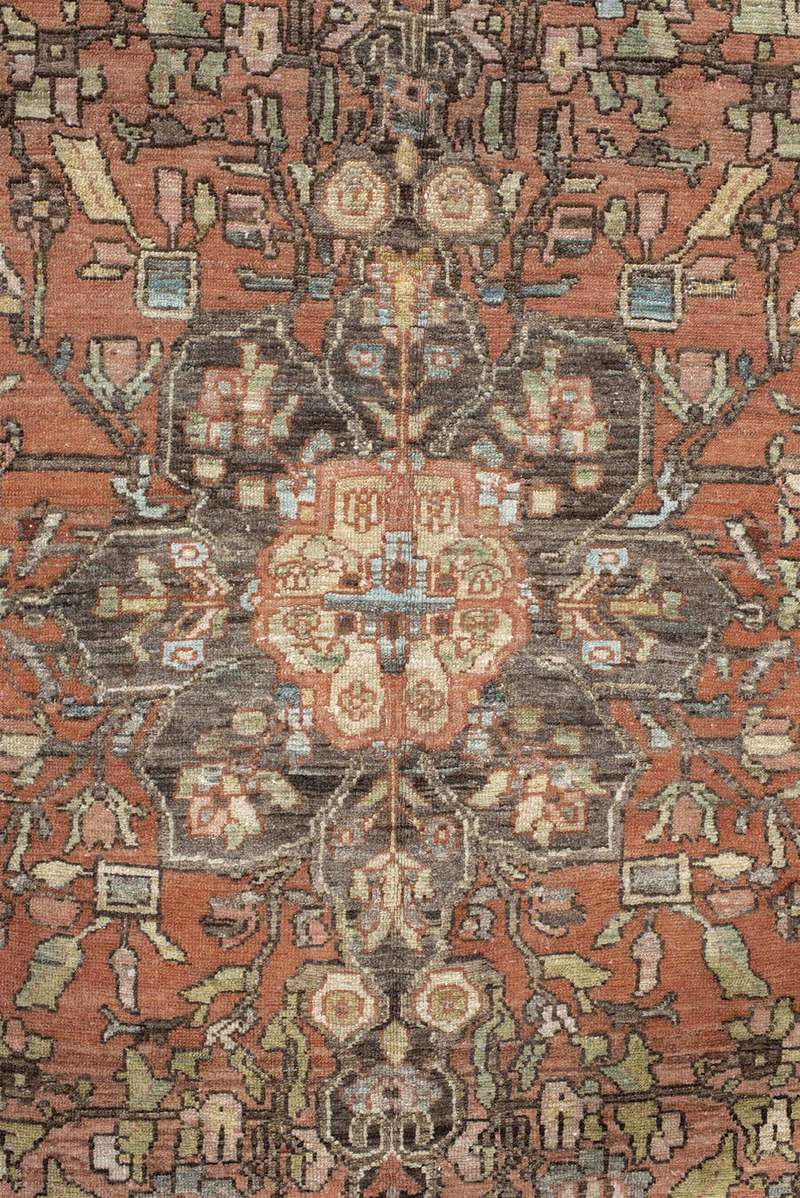 4' x 6' one-of-a-kind handmade vintage Baktiary small size rug. Color palette: terra cotta, blush, ivory, charcoal