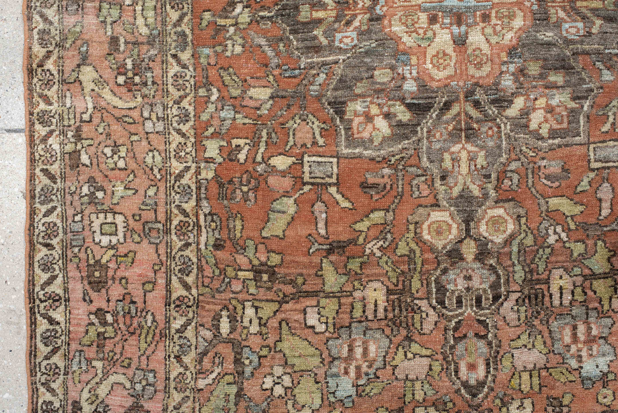 4' x 6' one-of-a-kind handmade vintage Baktiary small size rug. Color palette: gray, pink, brown, black, off-white, orange