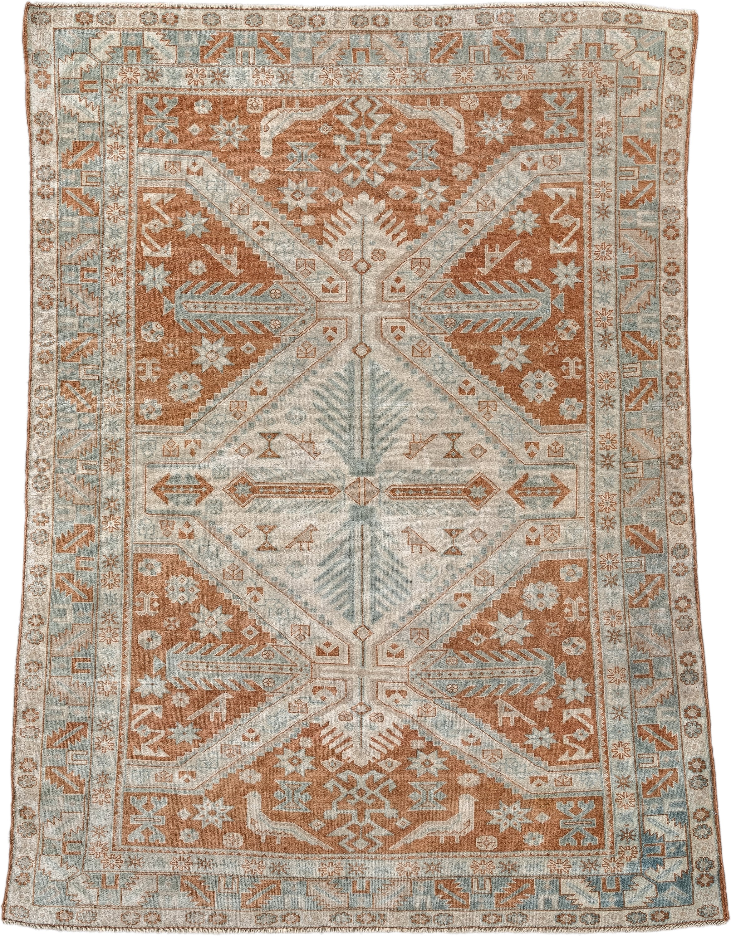 4' x 5' one-of-a-kind handmade antique Caucasian small size rug. Color palette: terra cotta, ivory, pale blue, camel, taupe