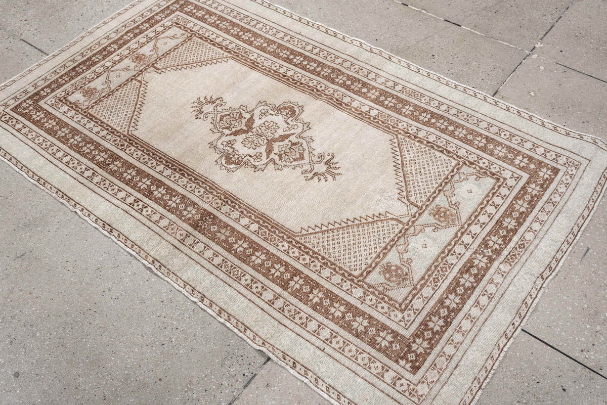 3' x 5' one-of-a-kind handmade antique Anatolian small size rug. Color palette: ivory, camel, taupe, beige, gray