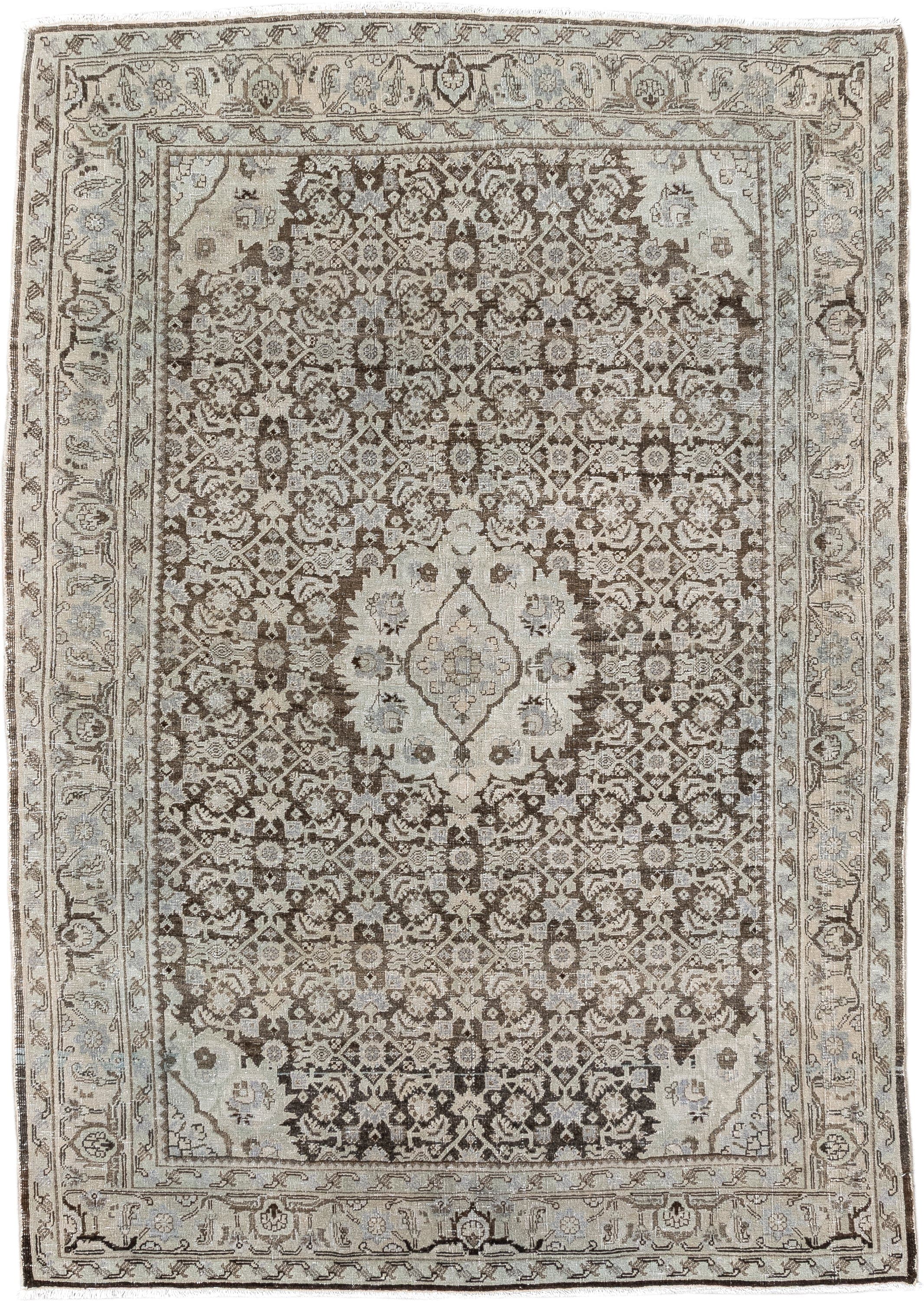 3' x 5' one-of-a-kind handmade antique Bidjar small size rug. Color palette: ivory, taupe, brown, slate, beige, charcoal