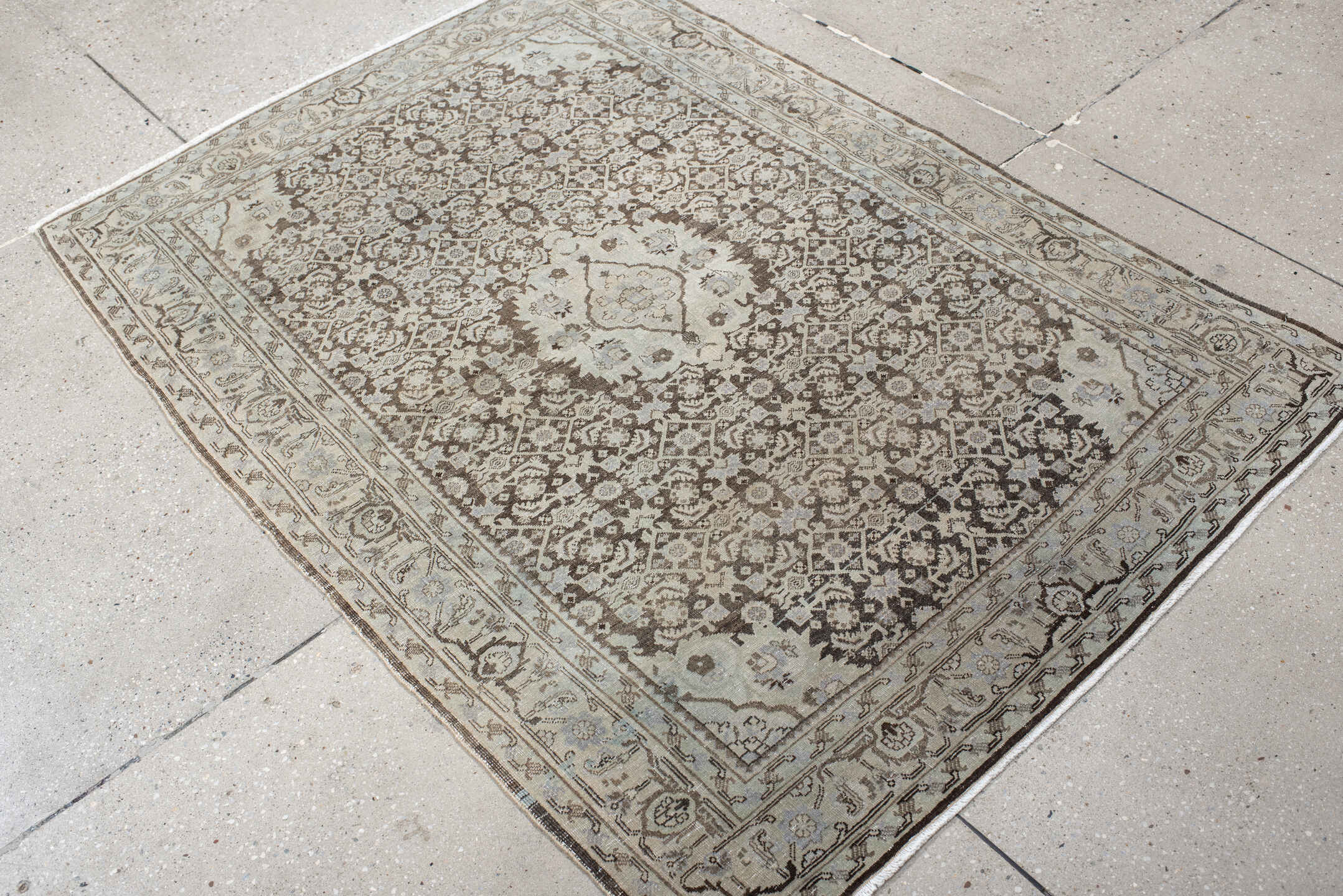3' x 5' one-of-a-kind handmade antique Bidjar small size rug. Color palette: ivory, taupe, brown, slate, beige, charcoal