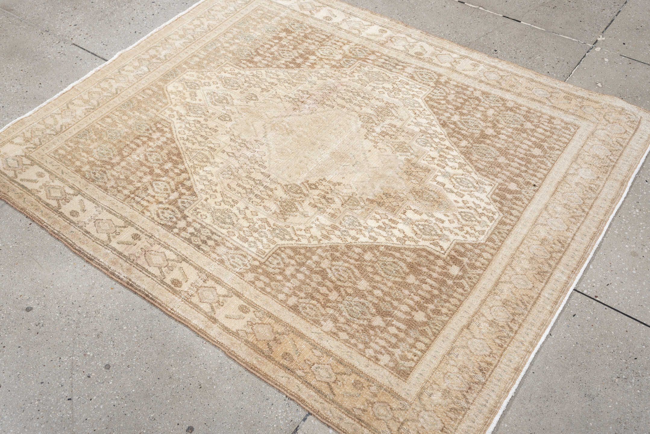 4' x 5' one-of-a-kind handmade antique Senne small size rug. Color palette: ivory, taupe, camel, sand, beige, light brown