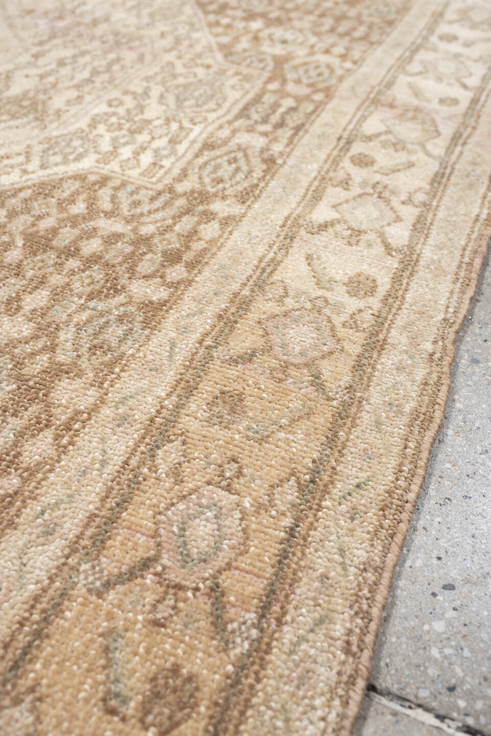 4' x 5' one-of-a-kind handmade antique Senne small size rug. Color palette: ivory, taupe, camel, sand, beige, light brown