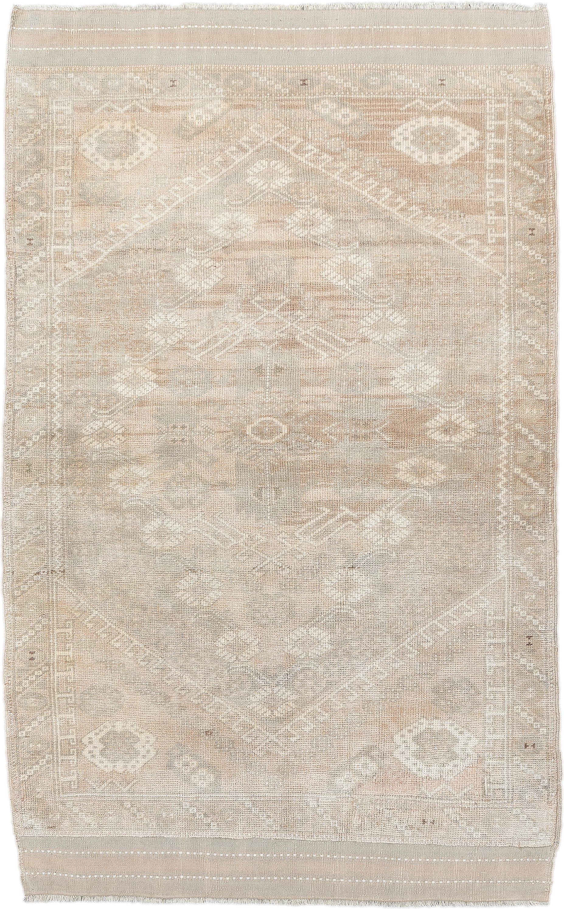 3' x 5' one-of-a-kind handmade antique Anatolian small size rug. Color palette: ivory, sand, taupe, beige, camel, light gray