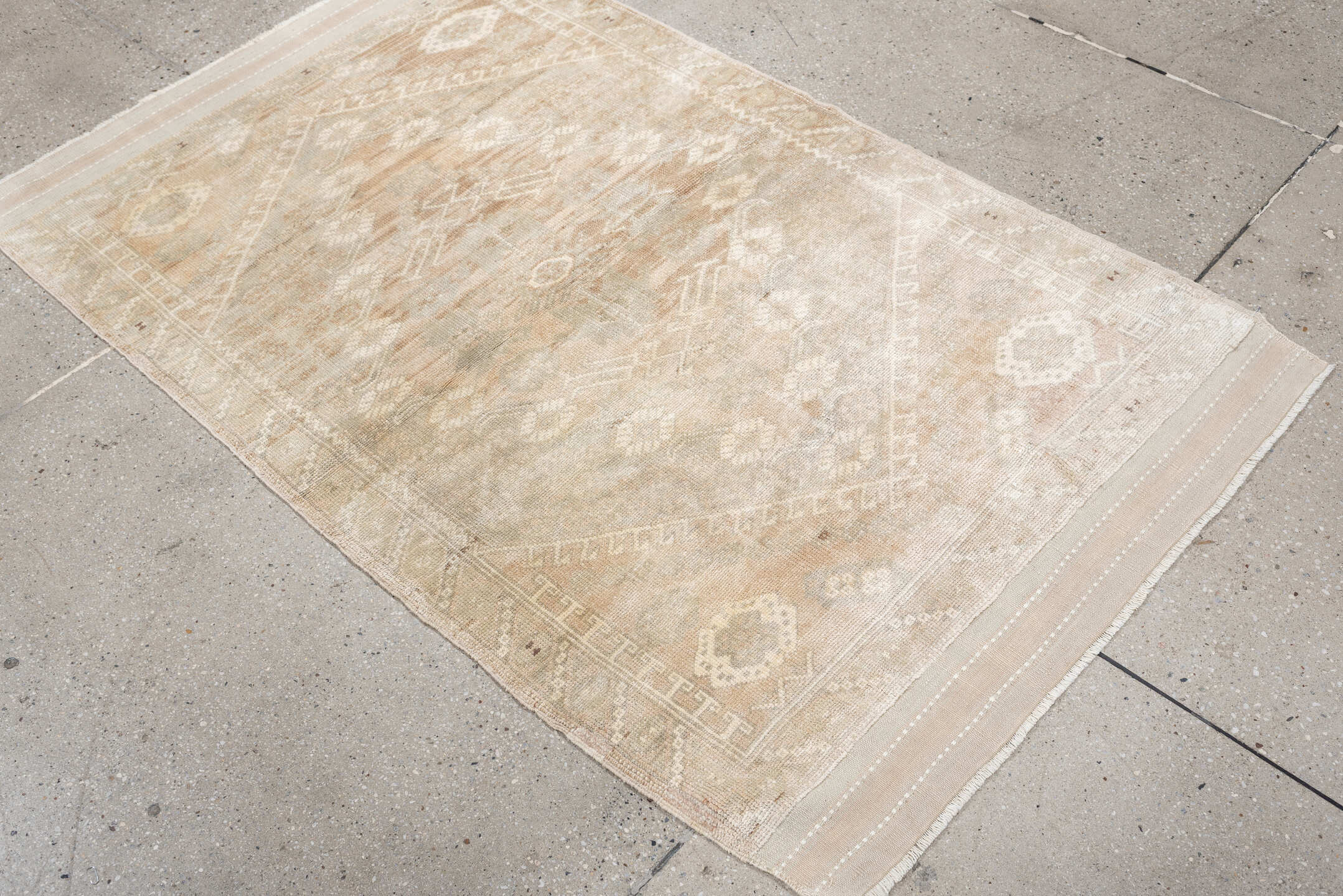 3' x 5' one-of-a-kind handmade antique Anatolian small size rug. Color palette: ivory, sand, taupe, beige, camel, light gray