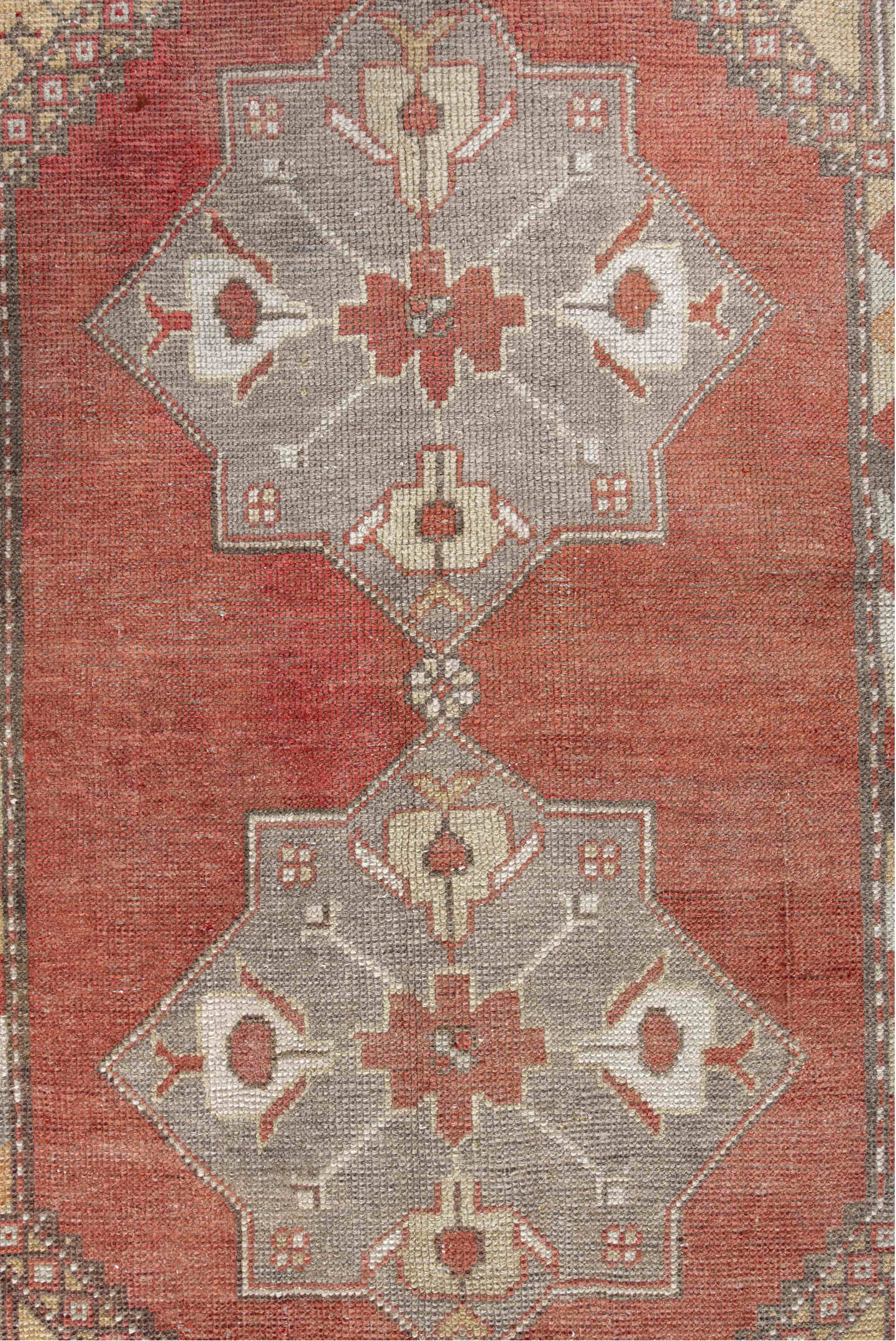 3' x 6' one-of-a-kind handmade vintage Anatolian small size rug. Color palette: brown, gray, light gray, off-white, orange