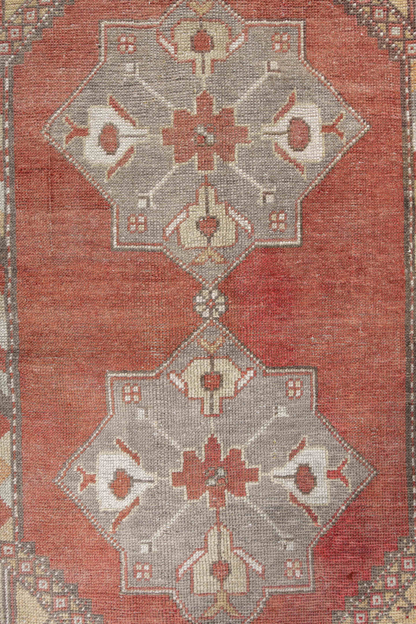 3' x 6' one-of-a-kind handmade antique Anatolian small size rug. Color palette: terra cotta, ivory, gray, rust, taupe, rose