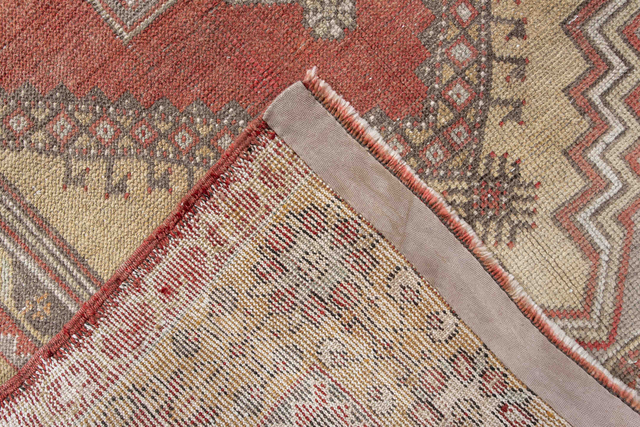 3' x 6' one-of-a-kind handmade vintage Anatol small size rug. Color palette: brown, gray, light gray, off-white, orange, red