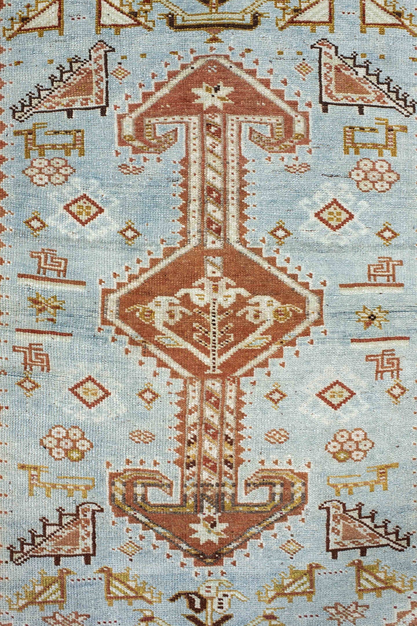 3' x 4' one-of-a-kind handmade antique Shiraz small size rug. Color palette: sky blue, rust, ivory, camel, brown, gold