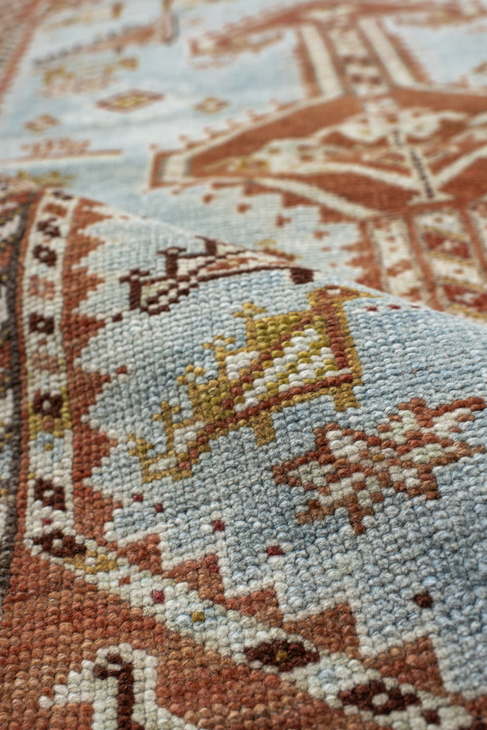3' x 4' one-of-a-kind handmade antique Shiraz small size rug. Color palette: sky blue, rust, ivory, camel, brown, gold