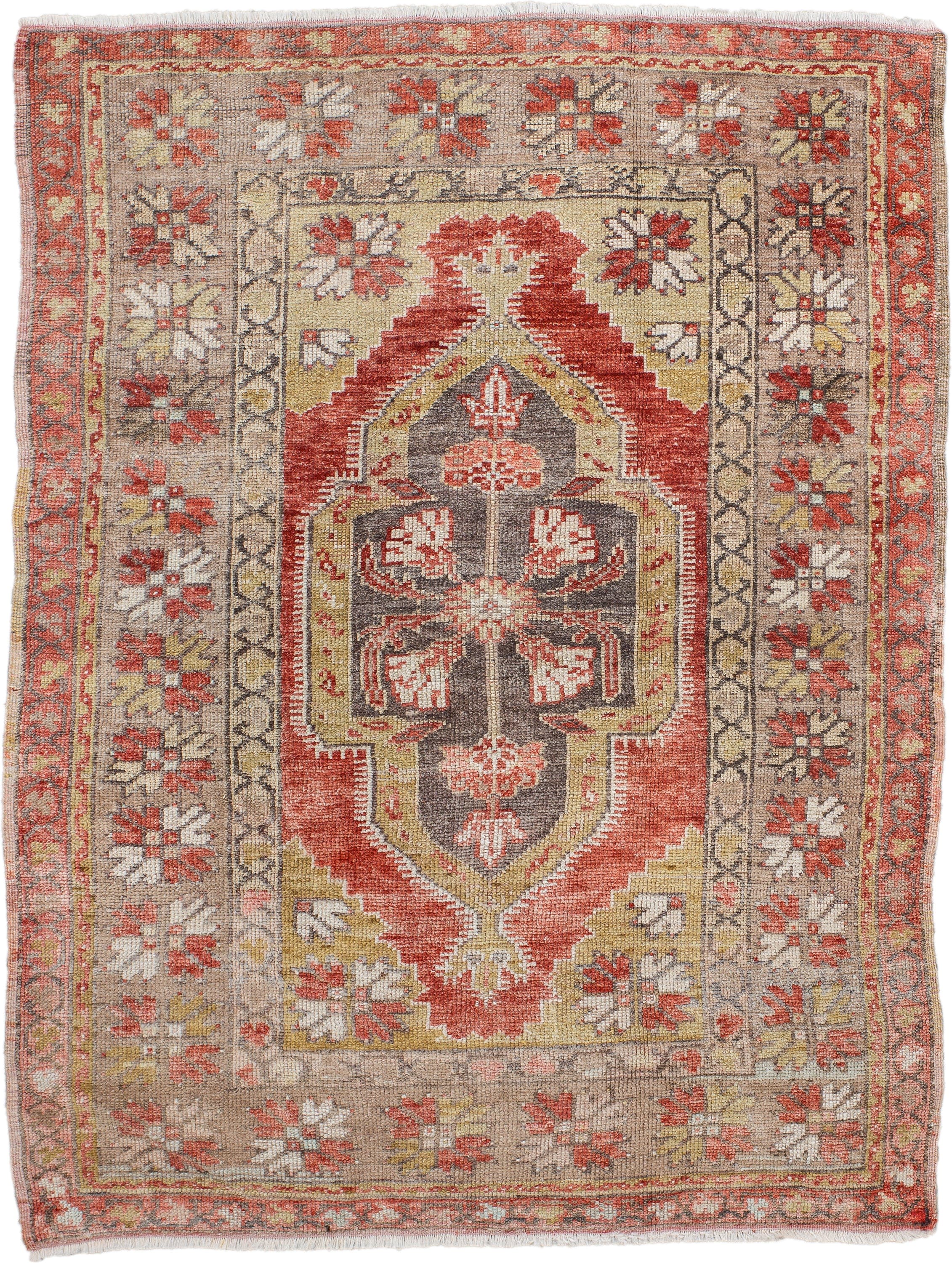 3' x 4' one-of-a-kind handmade antique Anatolian small size rug. Color palette: taupe, rust, ivory, camel, gold, charcoal