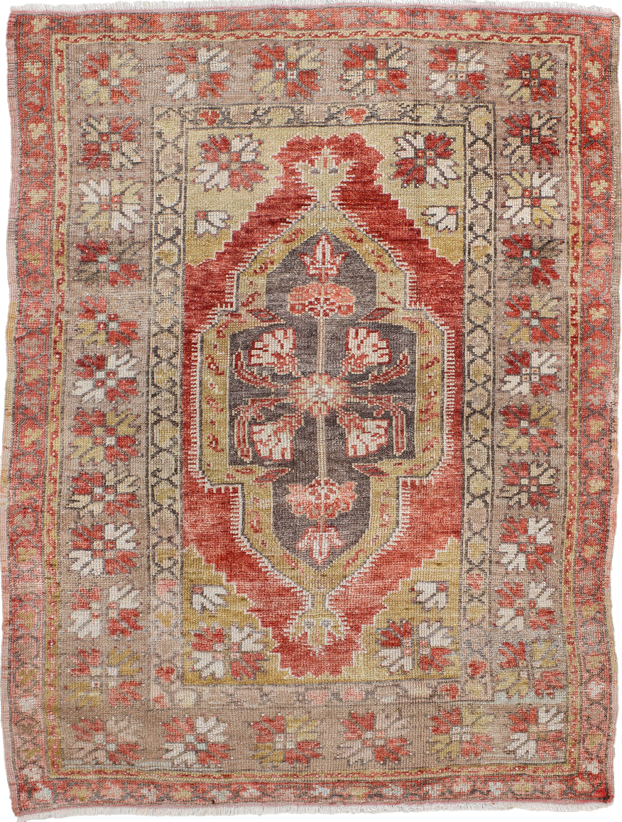3' x 4' one-of-a-kind handmade vintage Anatolian small size rug. Color palette: brown, dark salmon, gray, light gray